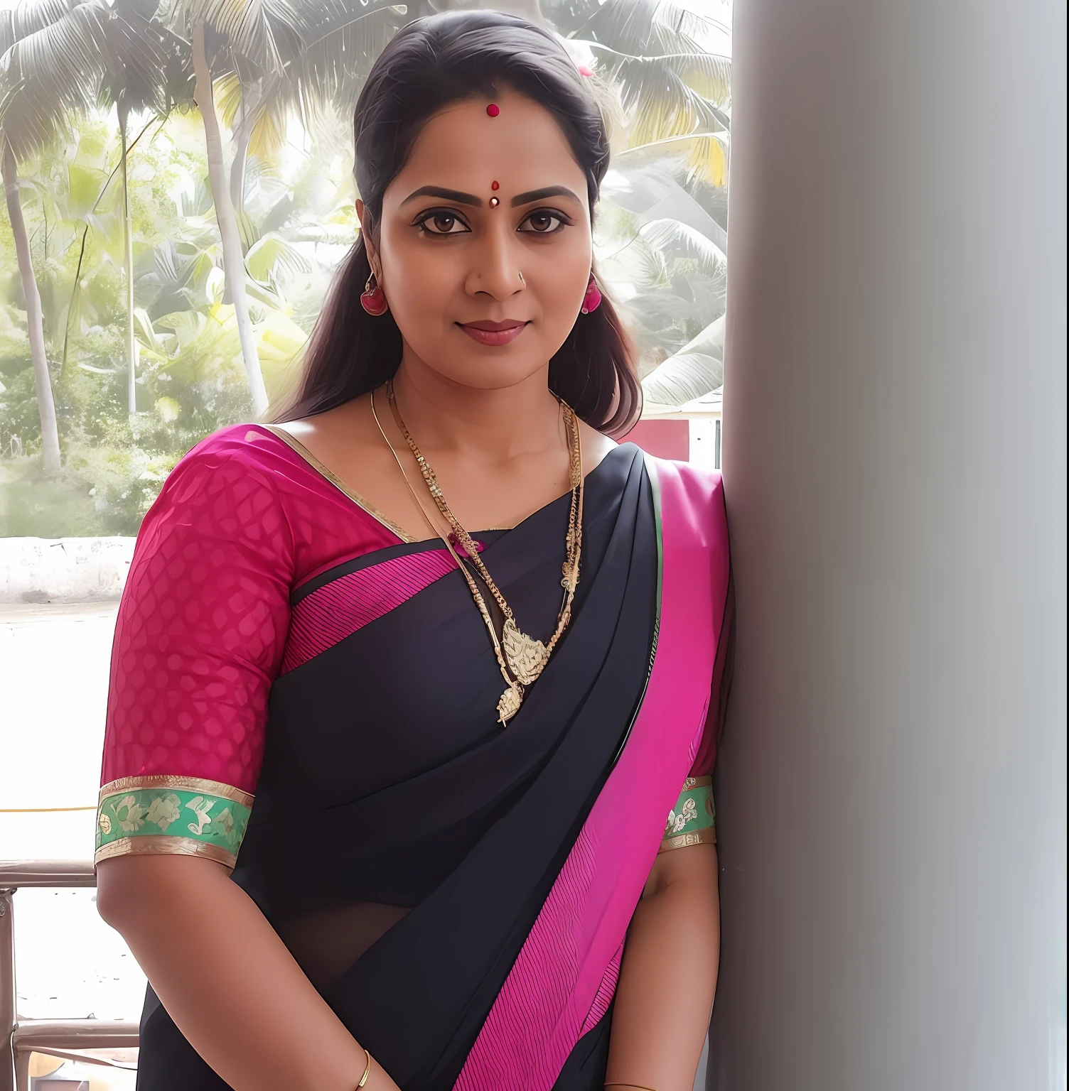 there is a woman standing next to a pillar with a necklace on, with lovely look, traditional beauty, inspired by T. K. Padmini, about 3 , sharandula, 30 years old woman, candid photograph, 3 0 years old woman, candid picture, wearing sari, actress, with kerala motifs, wearing a sari