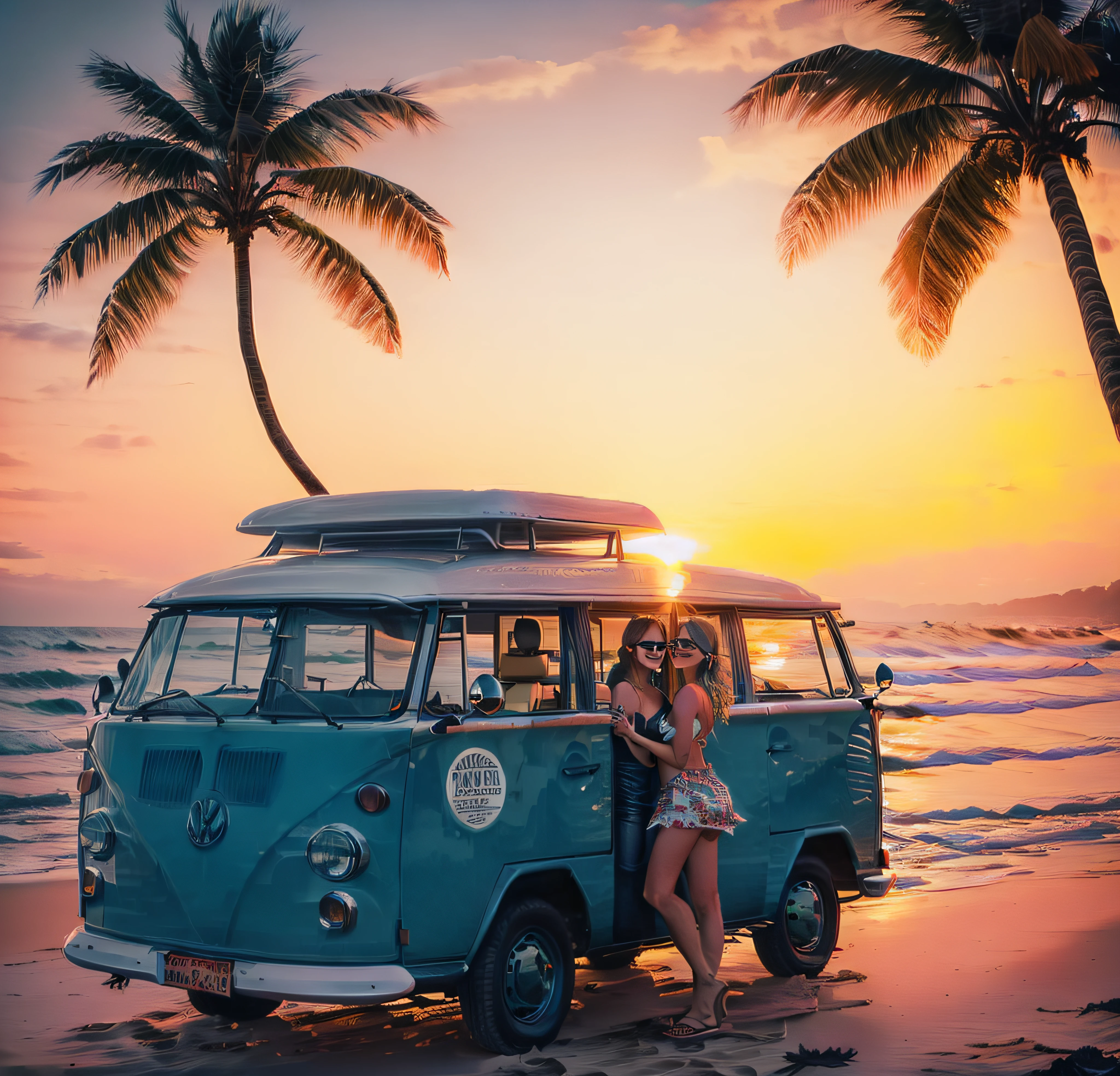 Surfers pose in VW van on the beach at sunset, Carrinha, microbus, bottom angle, on the beach during sunset, in the sunset, Viagem, in the sunset, at the beach on a sunset, summer season, on the beach at sunset, with sunset, Directed by: Matthias Weischer, fotografia de surf, brilho quente, vacation photo, on the beach at sunset