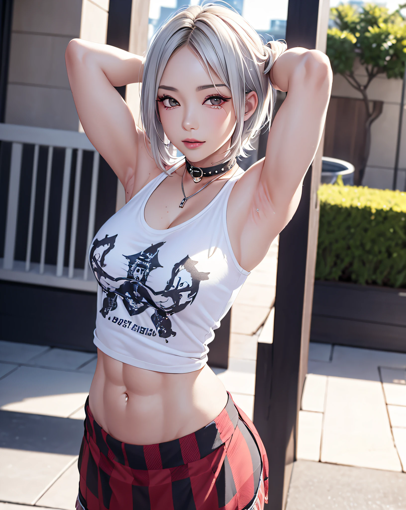 (1female body builder:1.37), masterpiece, best quality, illustration, ultra-detailed, finely detail, highres, 8k wallpaper, perfect dynamic composition, beautiful detailed eyes, natural lip, (((wearing a Punk-T-shirt:1.37, plaid pattern skirt:1.3))), medium breasts:1.25, lovely look:1.3, white skin, pale skin, oily skin:1.3, shiny skin, Caucasian, white hair, silver hair, side-under-cut-hair-style, clean armpit, cityscape, sunset,