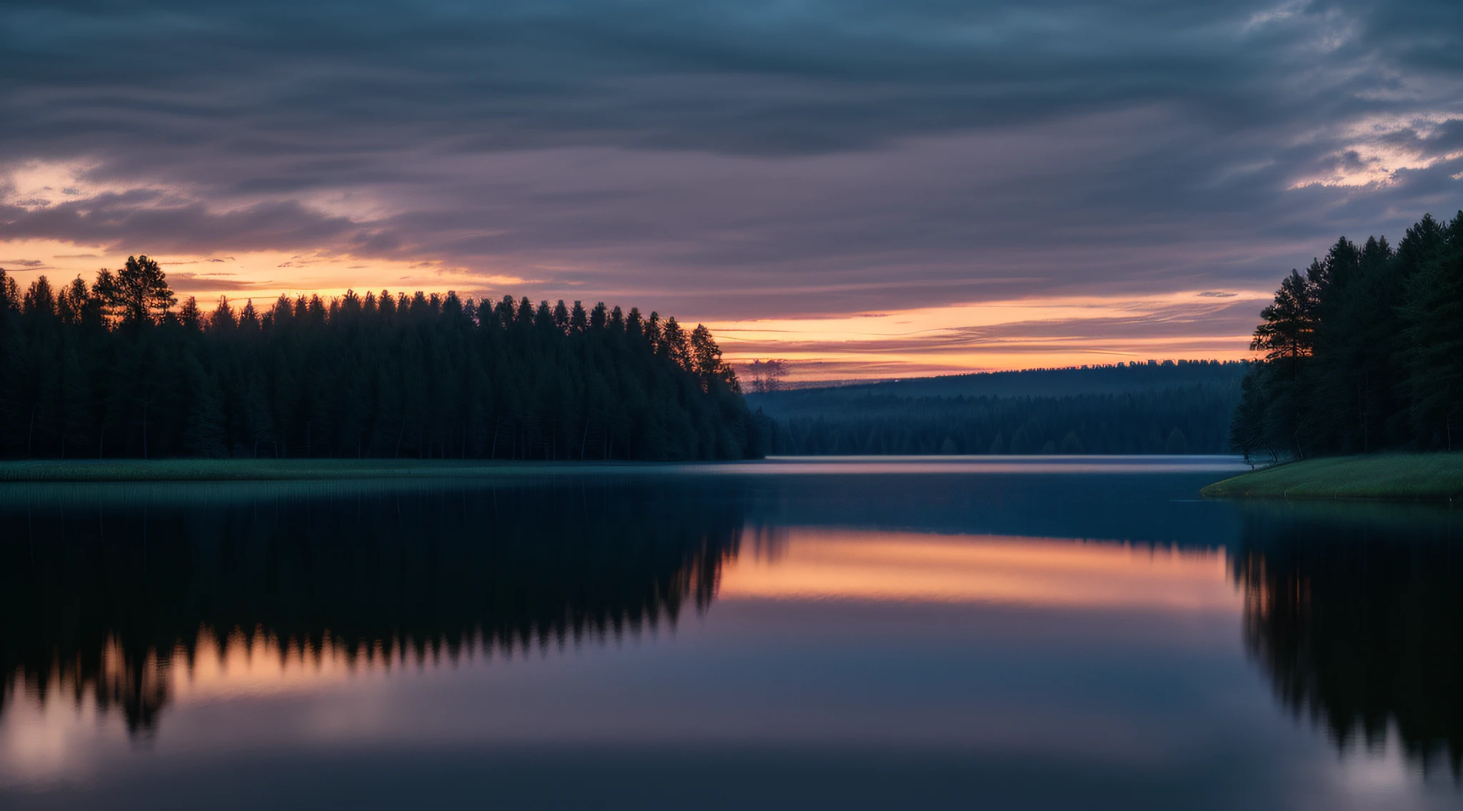 Wallpaper, summer, lake, dawn, forest, clouds, dawn background, depth of field, HD detail, hyperdetail, cinematic, soft light, deep field focus bokeh, ray tracing, diffuse (ultra-fine glass reflection) and realism. --v6