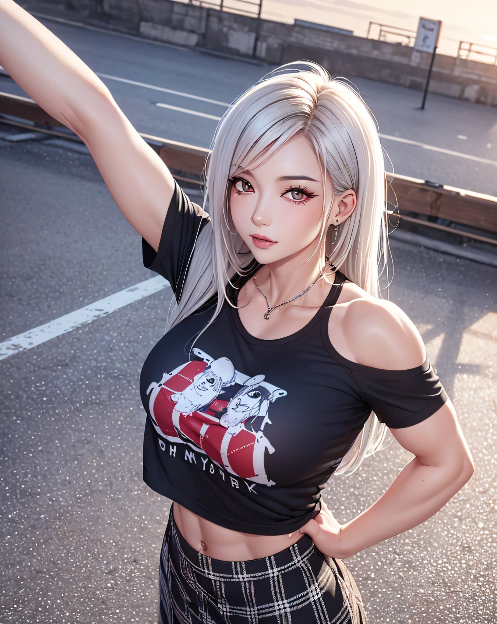 (1female body builder:1.37), masterpiece, best quality, illustration, ultra-detailed, finely detail, highres, 8k wallpaper, perfect dynamic composition, beautiful detailed eyes, natural lip, (((wearing a Punk-T-shirt:1.37, plaid pattern skirt:1.3))), medium breasts:1.25, lovely look:1.3, white skin, pale skin, oily skin:1.3, shiny skin, Caucasian, white hair, silver hair, side-under-cut-hair-style, clean armpit, cityscape, sunset,