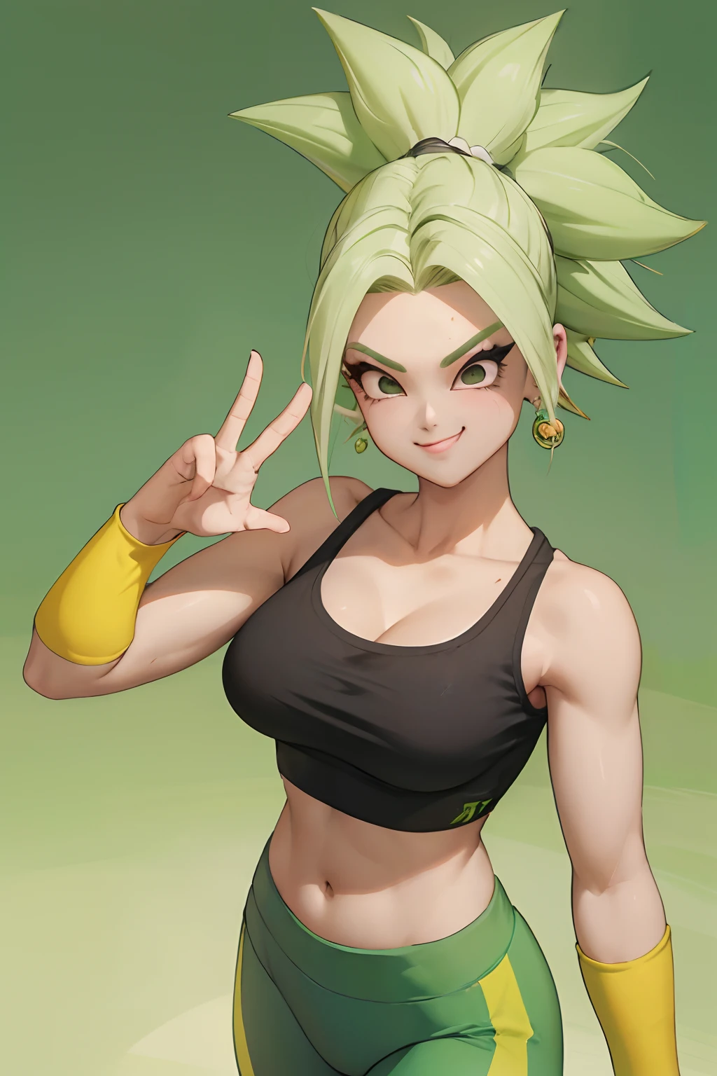 (melhor qualidade, obra-prima), cabelo verde, brincos verdes, yoga pants, yoga bra, pele apertada, tonificado, smug, sorriso, kefla, cintura fina, luz de fundo