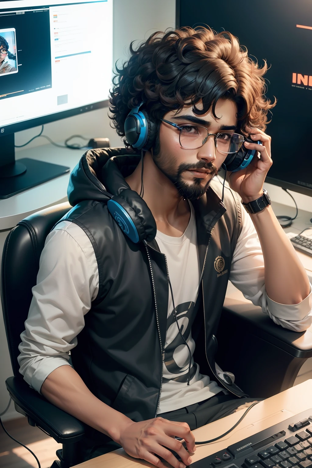 a Indian boy with anime look wearing specs age 25 with curly hairs and beard with gaming headset
