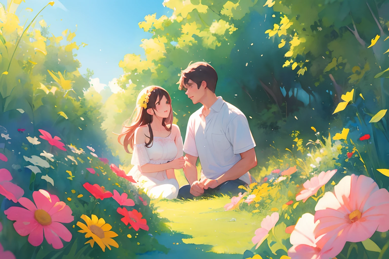 A couple sitting in a field of flowers next to each other - SeaArt AI