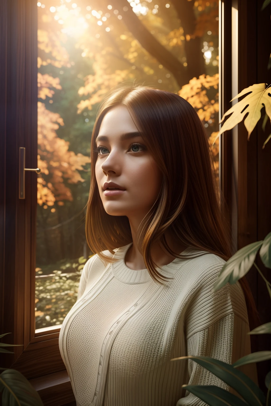 Girl in a treehouse, looking out the window, watching the autumn leaves fall, (((heavy bust))), symmetrical eyes, symmetrical face, photorealistic, photography, path tracing, specular lighting, volumetric face light, path traced hair, visible shadows, shadow mapping, visible reflections, bright lush colours, concept art, highly detailed, illustration, bold colours, cinematic, masterpiece collection, volumetric lighting, fanbox, warm dreamy lighting