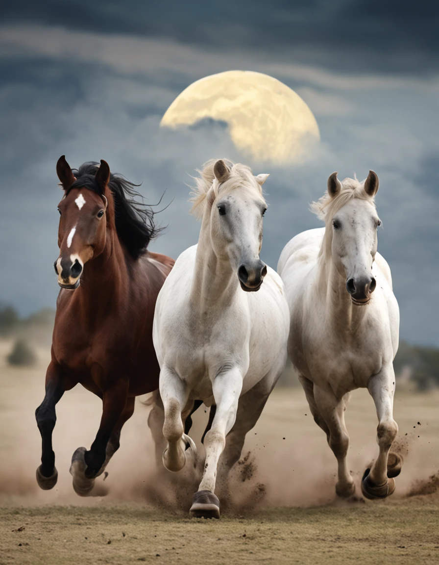 horses running in a field with a full moon in the background, a screenshot by Linda Sutton, shutterstock, renaissance, horses in run, horses, galloping, majestic horses, horses racing, horse is running, an all white horse, cavalry charge, galloping through the forest, equine, horse head animal merge, at full stride, horse in background, white horse
