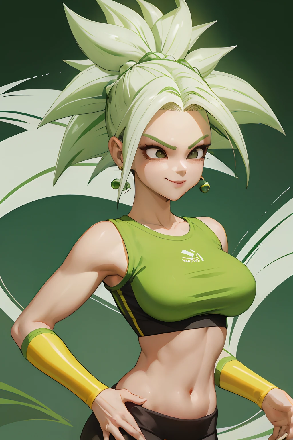 (melhor qualidade, obra-prima), cabelo verde, brincos verdes, yoga pants, yoga bra, pele apertada, tonificado, smug, sorriso, kefla, cintura fina, luz de fundo