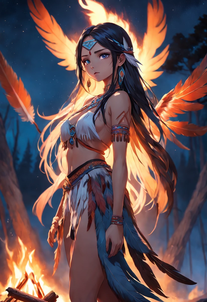 ultra detailed artistic photography, Native American beautiful Apache female, tee pee, moonlight, fire pit, feathers, sexy, dreamy, glowing, backlit, shadows, oil on canvas, smooth, ultra high definition, 8k, ultra sharp focus, intricate artwork masterpiece, flowy outfit, highly detailed, vibrant, production cinematic character render, ultra high quality model