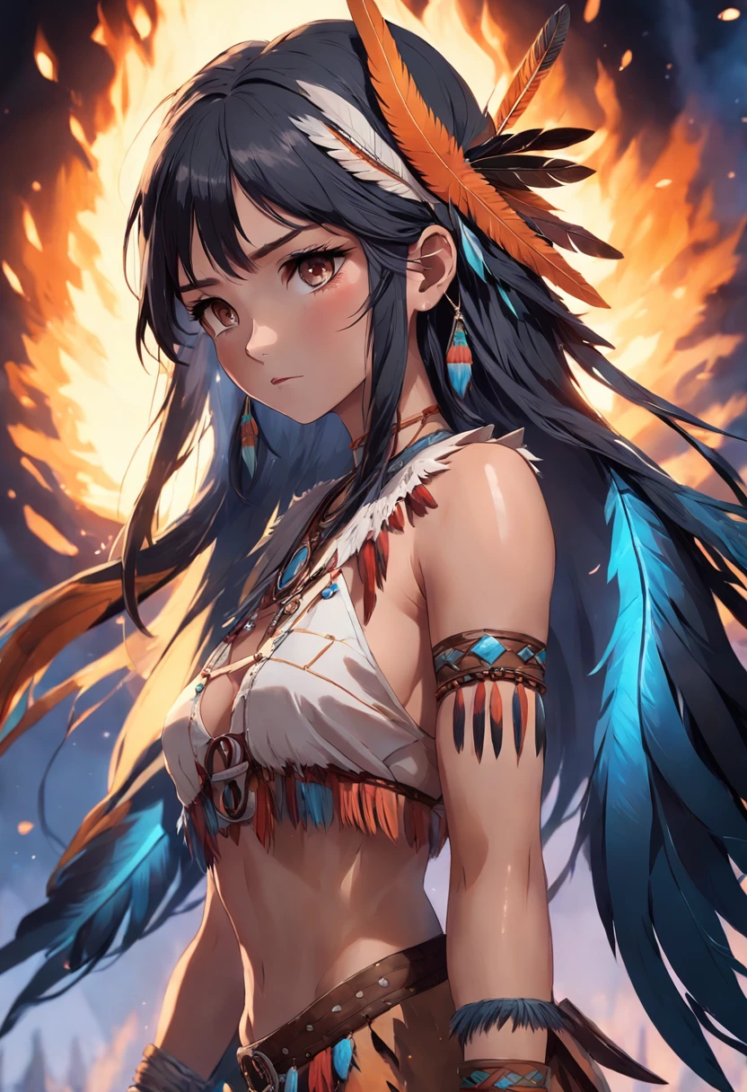 ultra detailed artistic photography, Native American beautiful Apache female, tee pee, moonlight, fire pit, feathers, sexy, dreamy, glowing, backlit, shadows, oil on canvas, smooth, ultra high definition, 8k, ultra sharp focus, intricate artwork masterpiece, flowy outfit, highly detailed, vibrant, production cinematic character render, ultra high quality model