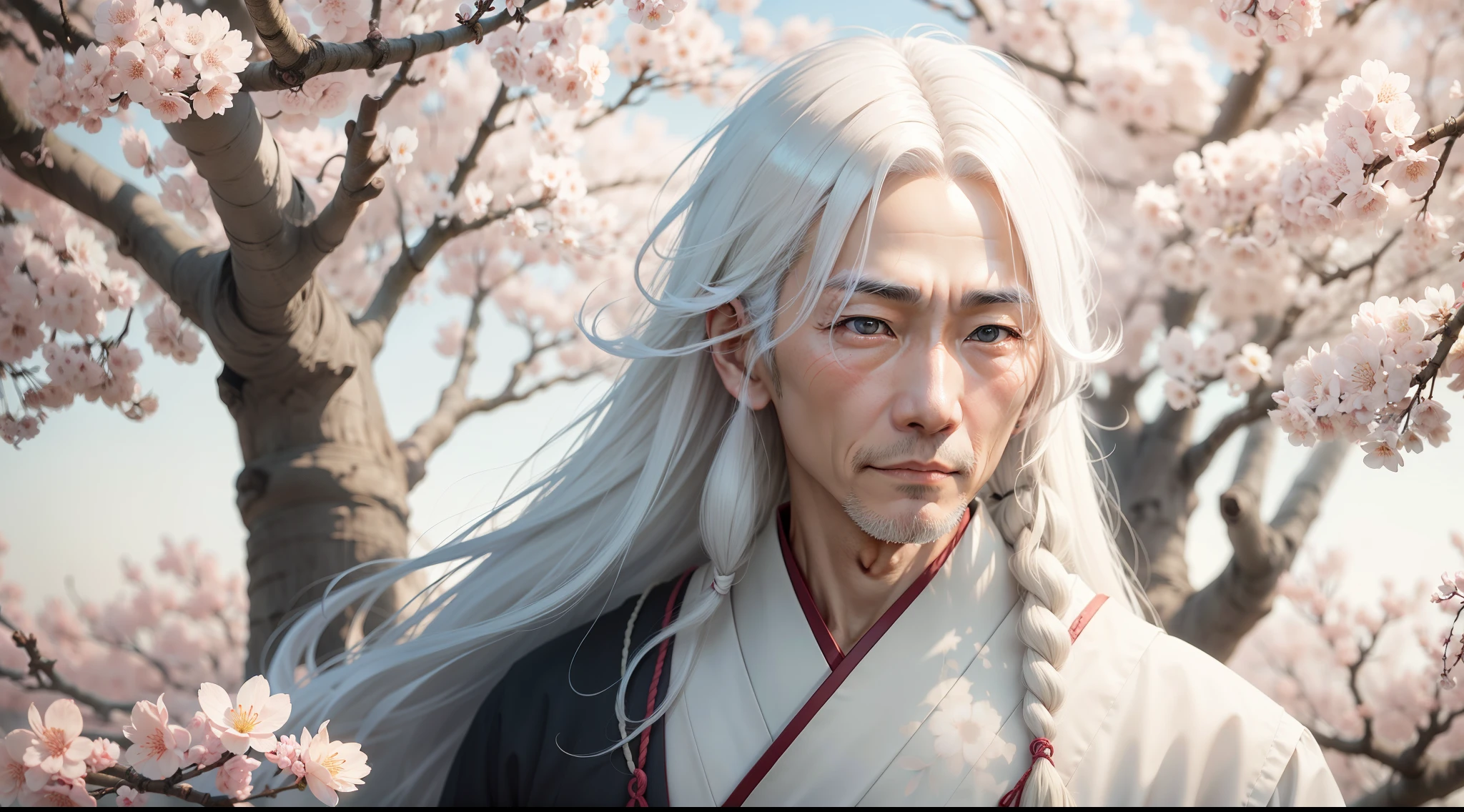 Japanese man, japan, sakura tree, perfect eyes, perfect skin, perfect face, better face, wrinkles in the skin, long white hair, better eyes