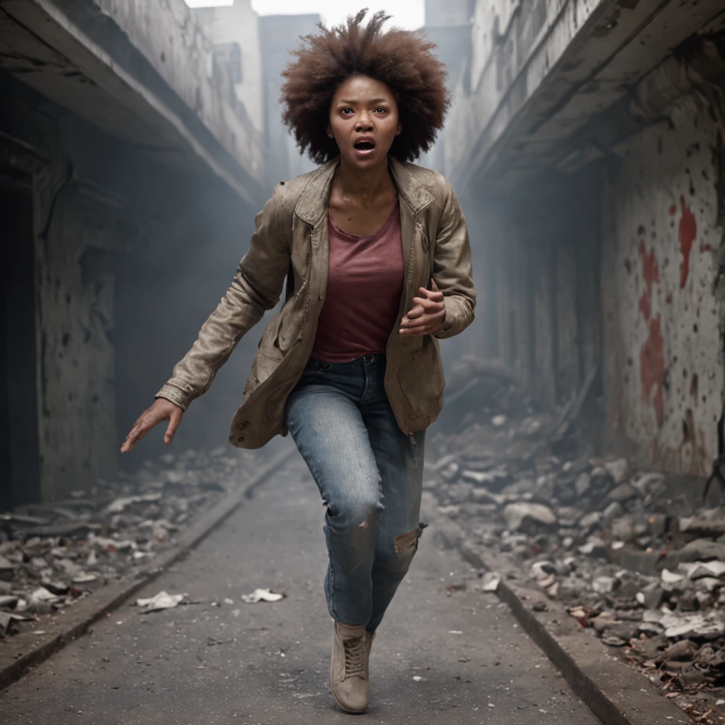 (professional 3d render:1.3) af (Realistic:1.3) Afro asian dark skinned japanese girl with afro scared and screaming running away from zombies in an abandoned subway, wearing torn, dirty and blood filled clothes, realistic motion blur. chaos, scary, real zombie apocalypse.full body 8k unity render, action shot, skin pore, very dark lighting, heavyshading, Detailed, Detailed face, (vibrant, photograph realistic, Realistic, Dramatic, Dark, Sharp focus, 8K), (Old leather garments damaged by weathering:1.4), (Intricate:1.4), decadent, (Highly detailed:1.4), Digital painting, rendering by octane, art stations, concept-art, smooth, Sharp focus, illustration, Art germ, (loish:0.23), wlop ilya kuvshinov, and greg rutkowski and alphonse mucha gracias, (Global illumination, Studio light, volumettic light), heavy rain, particles floating, lotr, fantasy, elf, full bodyesbian, ((Dark and ancient city background:1.3)),CGSesociety,art stations