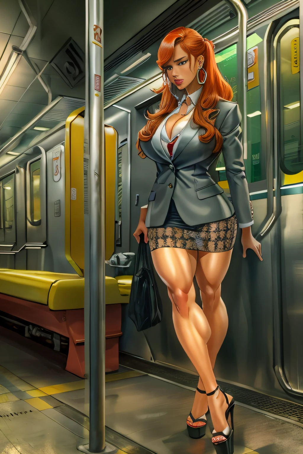 Redhead, ganguro girl, muscular legs, muscular calves, Strong legs, muscular hips, wide thighs, Curvy hips, A full body shot, high-heeled sandals, tights in a net, Stiletto heels, Women's business suit with a short skirt, large ring earrings, He really wants to pee, rides the subway, Sits, Coming soon, wants to pee, desperately wants to pee, wants to urinate, An expression of shame on his face, confusion, Desperation on the face, crying, pinches the crotch with his hand, crumples the hem of the skirt with his hands, Knees clenched together, Tense posture, bites his lower lip, full bladder, terribly wants to go to the toilet, anatomically correct, Realistic,