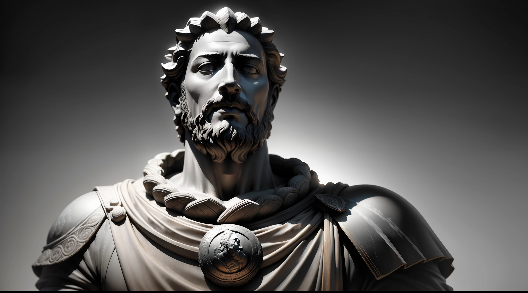 Realistic statue with all black background of ancient philosopher MARCUS AURELIUS GRATITUDE, obra-prima, melhor qualidade, Textura 8K, altamente detalhados, realista, soft  Cinematic Light, HDR, foco nítido, obra-prima, fotorrealista, fotografia premiada, Canon EOS R5, 35 mm.