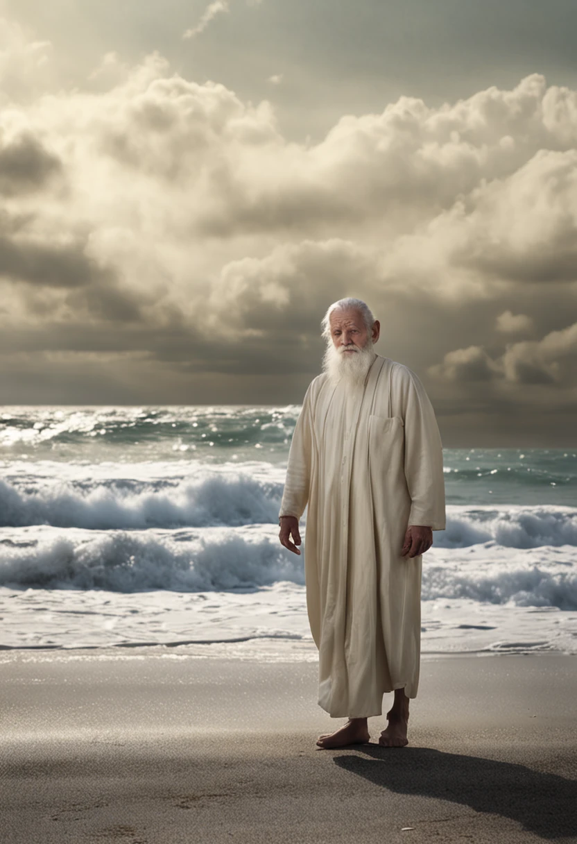 a man around 70 years old, his white beard and wrinkles bearing traces of a well-lived life, dresses in white garments that glow with an almost celestial radiance. His face is a map of ancient stories, soft eyes reflecting a blend of compassion and determination With wrinkled and calloused hands, he raises them before the turbulent sea stretching ahead The light that emanates from his hands takes on an angelic hue, as if a divine blessing is present The sea, agitated and furious, splits in half as if obeying a divine command, creating a passage of calm waters that evokes the biblical narrative of parting waters to forge a path the scene, captured from behind, exudes an air of transcendence, with the man appearing as a link between the material and the divine worlds, guiding through the tumultuous waters towards an unknown destination (32 k), 8 k, (realistic), (ultra HD), (concentrated details), (lush and highlighted colors),( realistic textured)