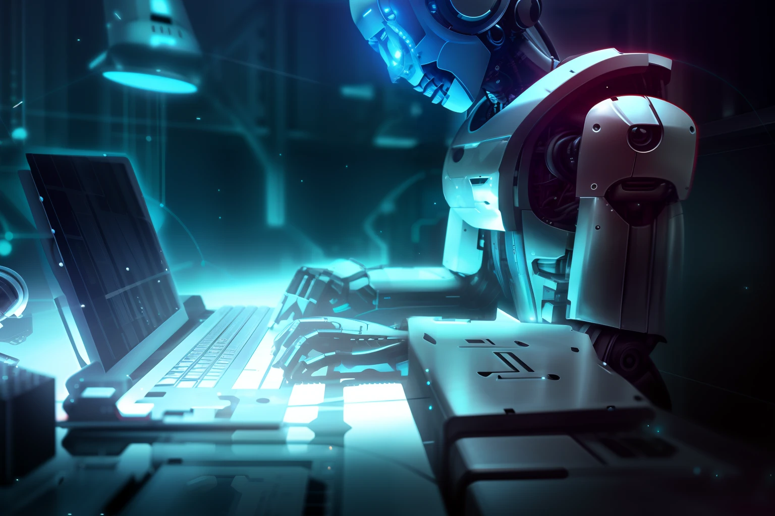 robot sitting at a desk typing on a laptop, close-up of a robot sitting down, strong artificial intelligence, Artificial intelligence, AI produzindo o realista, a still life of a robot, robot in a server room, ciborgues trabalhando, an alien working on a computer, Retrato de uma IA, robot in data center, Artificial intelligence!!
