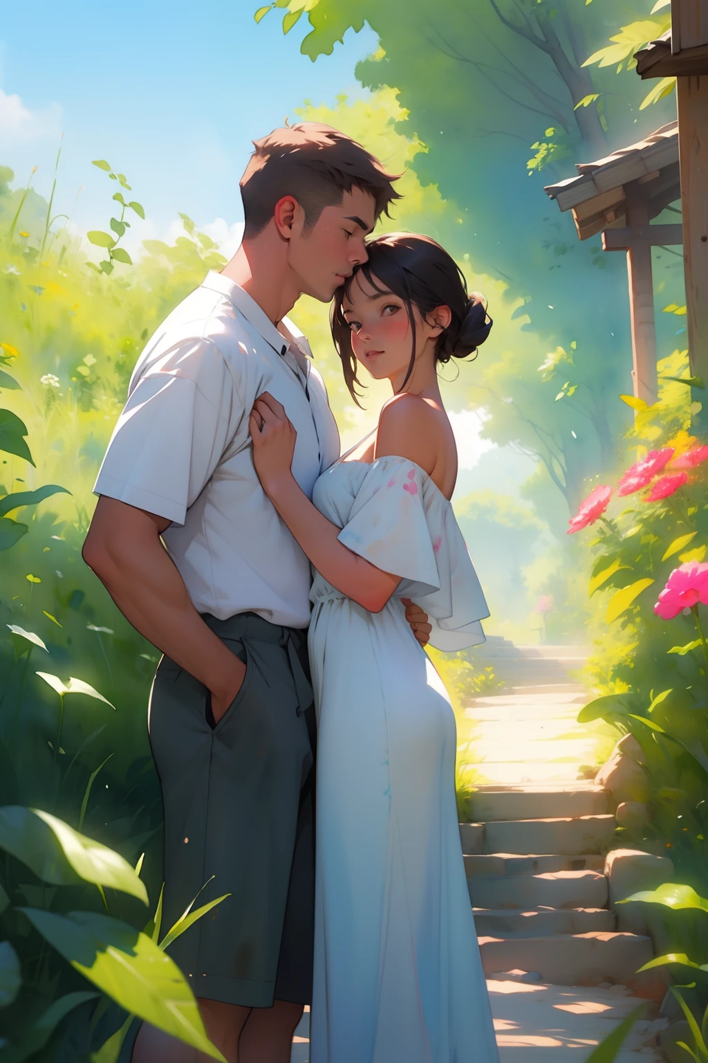 (watercolor style), the couple of summer, (soft focus:1.2), best quality