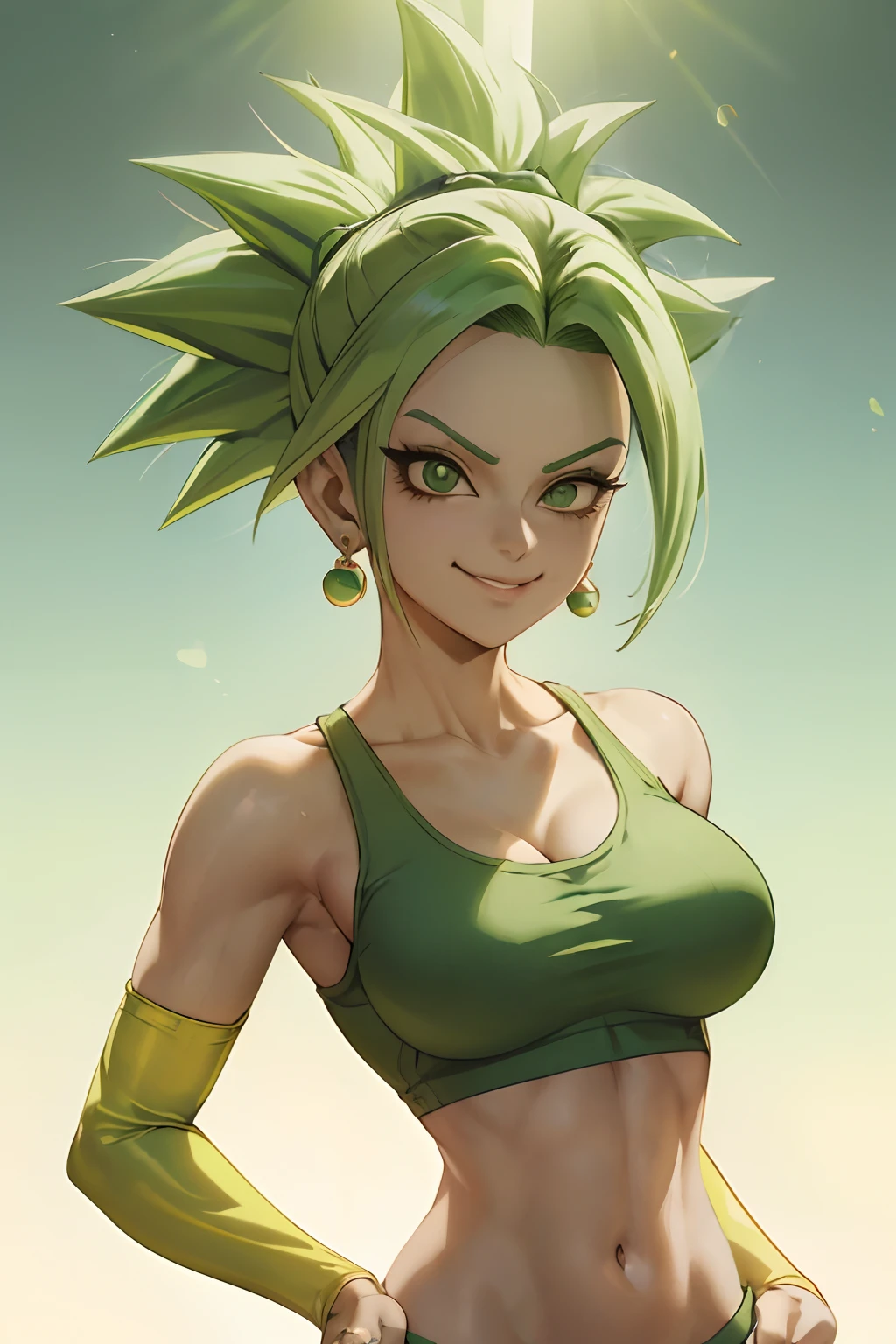 (best quality, masterpiece), green hair, green earrings, yoga pants, yoga bra, skin tight, toned, smug, smirk, kefla, thin waist, backlight,