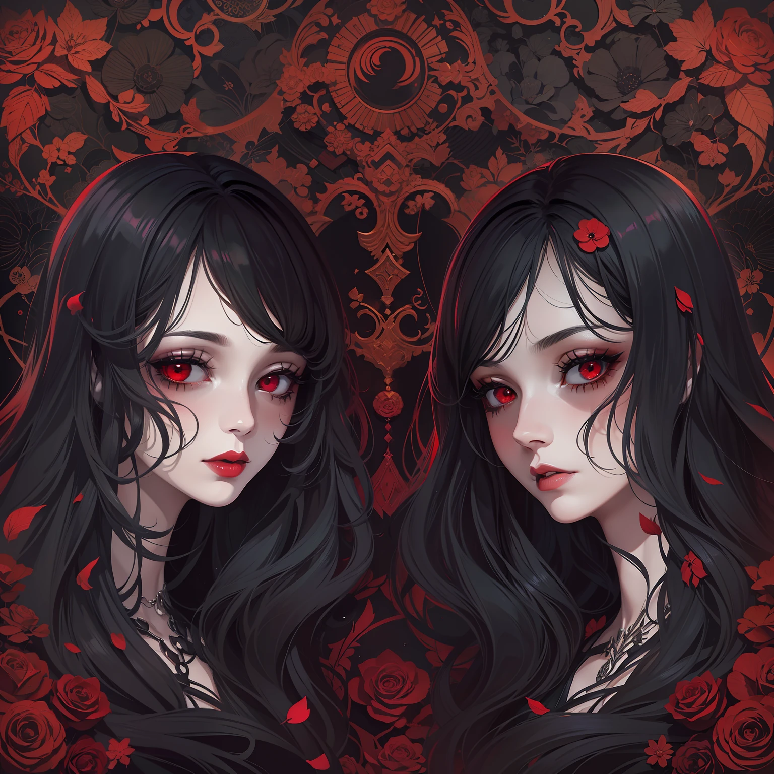 a woman with black hair with red stripes, red eyes, a white dot on the left eye iris, dark smile, 1girl, beautiful detailed eyes, beautiful detailed lips, extremely detailed eyes and face, long eyelashes, dark fantasy, horror, oil painting, hyper realistic, chiaroscuro lighting, dramatic lighting, vibrant colors, gothic, surreal, ethereal, cinematic