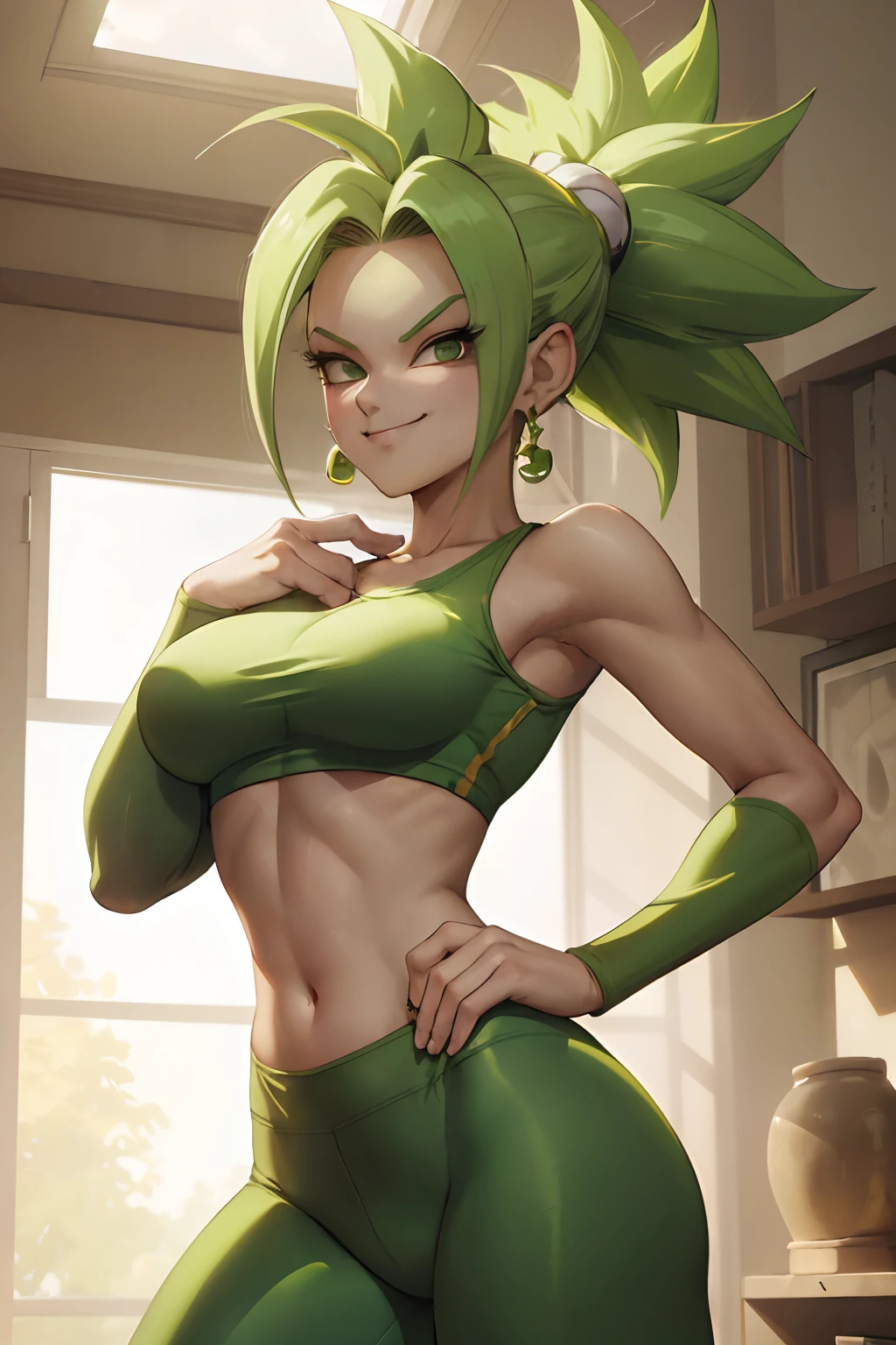 (best quality, masterpiece), green hair, green earrings, yoga pants, yoga bra, skin tight, toned, smug, smirk, kefla, thin waist, backlight,