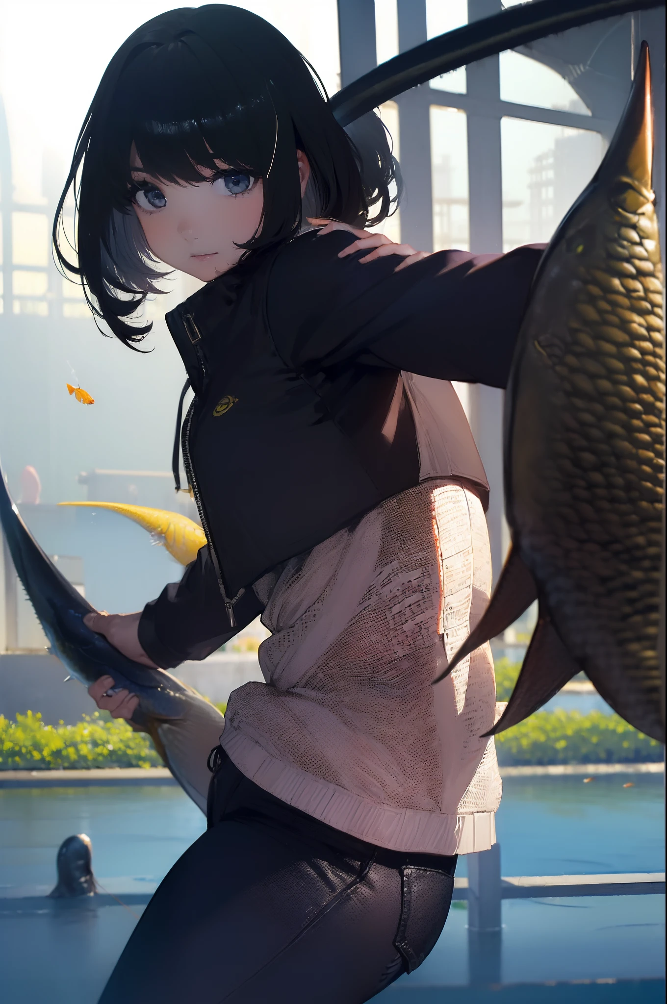 ((((Catching a big fish by the lakeside:1.5)))),((Female 28 years old)),((Best Quality:1.5)),(((Hands with the correct number and structure of fingers:1.4))),((Big fish:1.37)),hight resolution,ultra-detailliert,​masterpiece,best qualtiy,Eight-headed body,Black hair, long eyeslashes, Solid Circle Eyes, drop shadow, Atmospheric perspective,Super Detail, ccurate, small brest,(Black jacket and black jeans :1.1),top-quality, blurry backround, bokeh dof:1.2, (​masterpiece:1.3),  Atmospheric perspective,Super Detail,dynamic compositions,top-quality、​Very beautiful CG、finely detail、