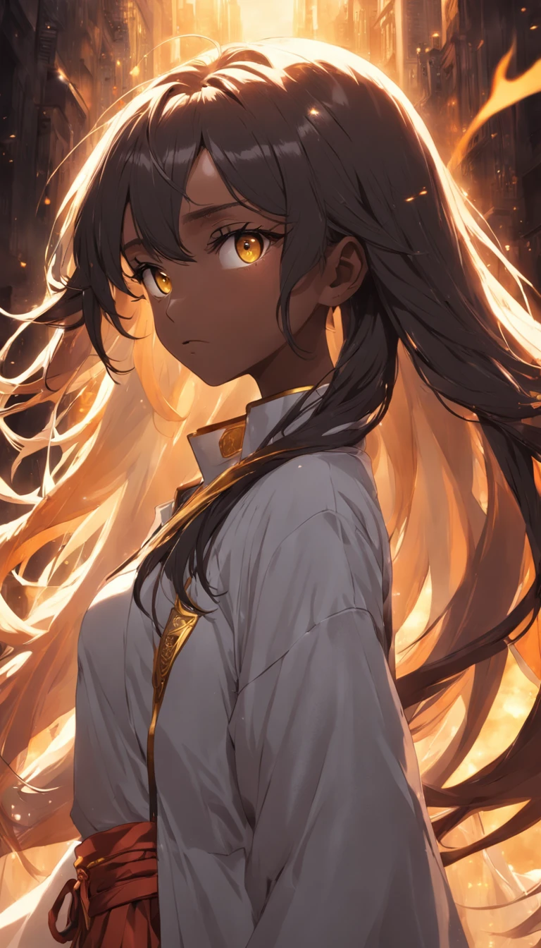 long hair, dark skin, golden eyes, hair over one eye
