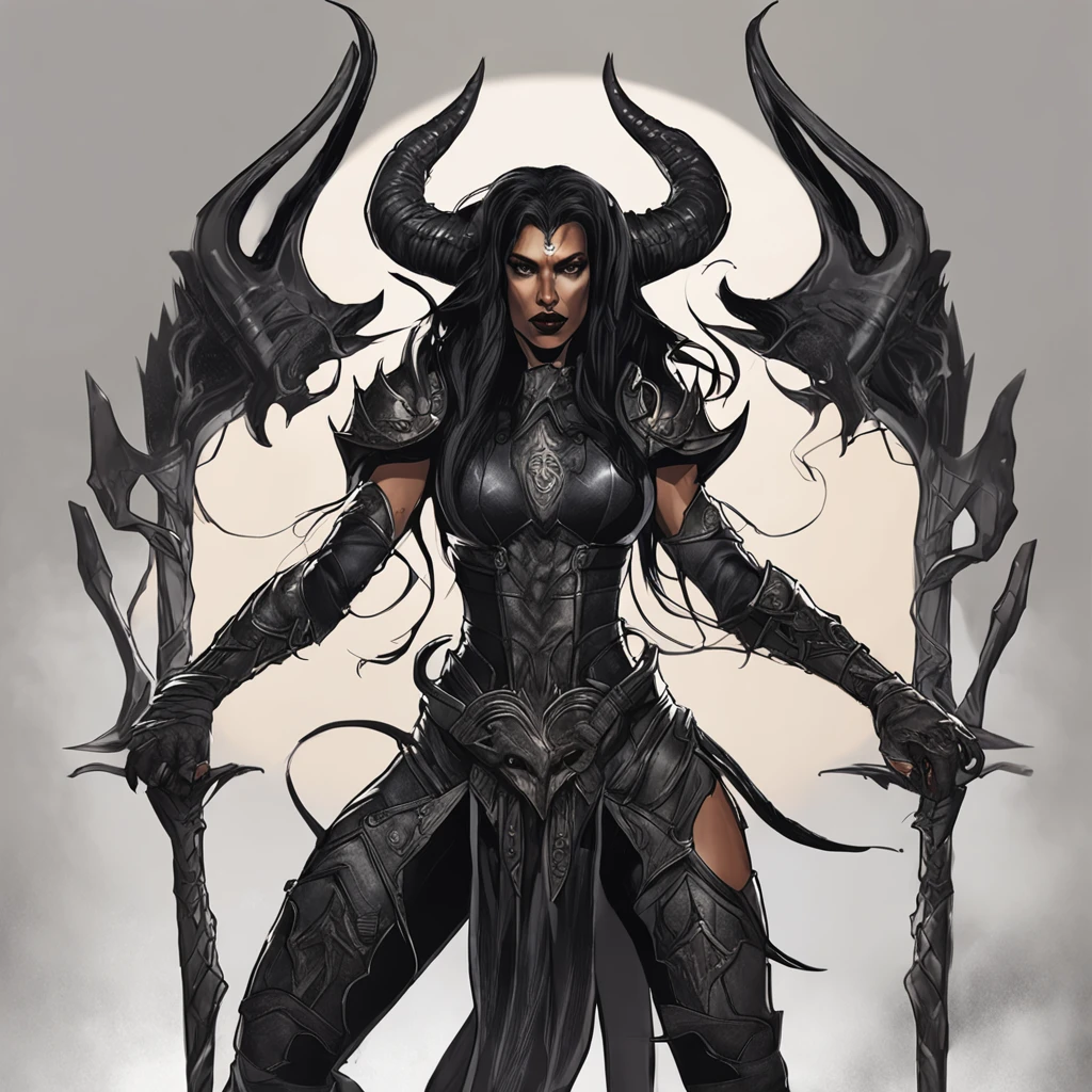 a dark female tiefling, evil eyes, wearing leather black armor, dark silver, pale dark skin, bright eyes, intricate horns, black hair flowing, long hair, athletic, muscular, hot, malicious eyes, epic angle, dark background, medieval fantasy, art by Alan Lee