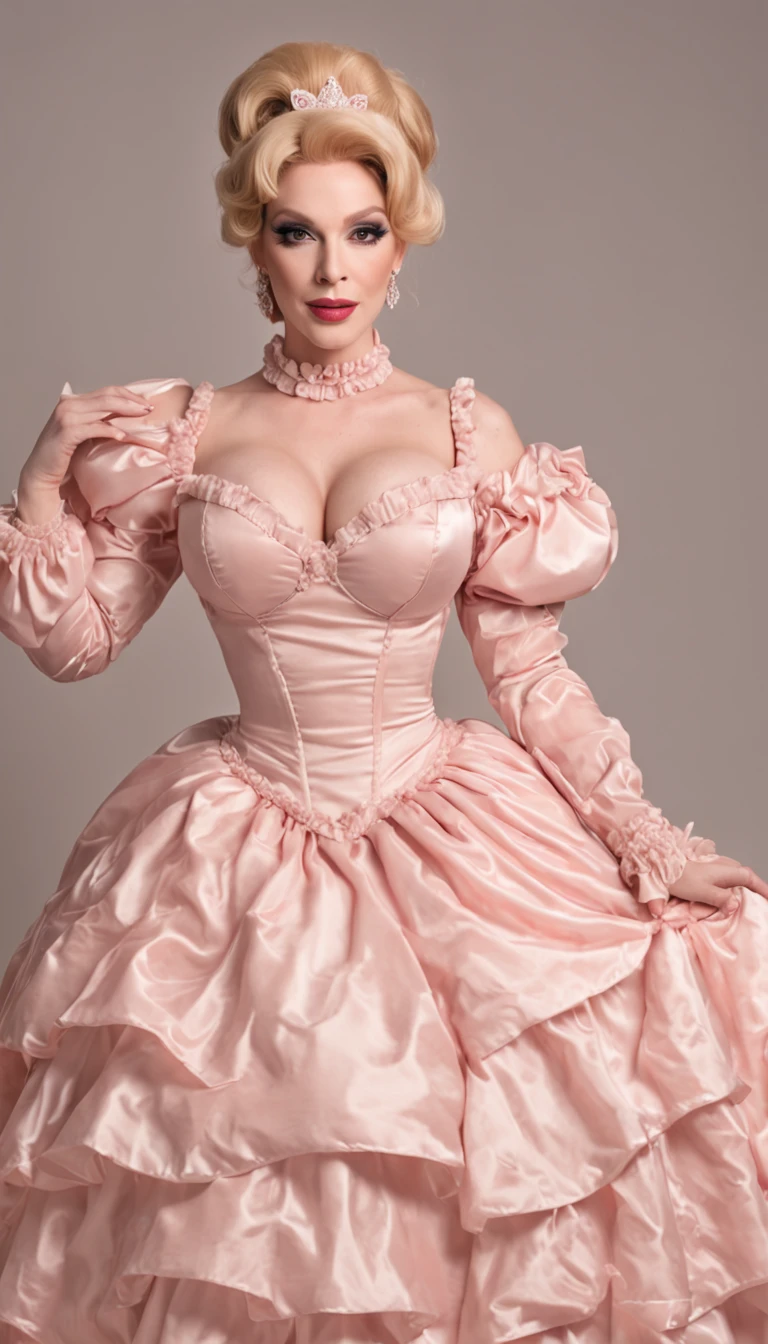 full shot of Christina Hendricks drag queen, blonde huge bouffant pvc hair, sissy maid style, Prissy sissy satin frilly maid latex dress puff shoulders sleeves and heels, massive enormous perky round overfilled engorged gigantic Breast, at sissy party, (high detailed skin:0.8), (visible pores:0.6), anatomically correct, 8k, High Detail, Sharp focus, vibrant details, best quality, beautiful, (masterpiece:1.2), (best quality:1.2),