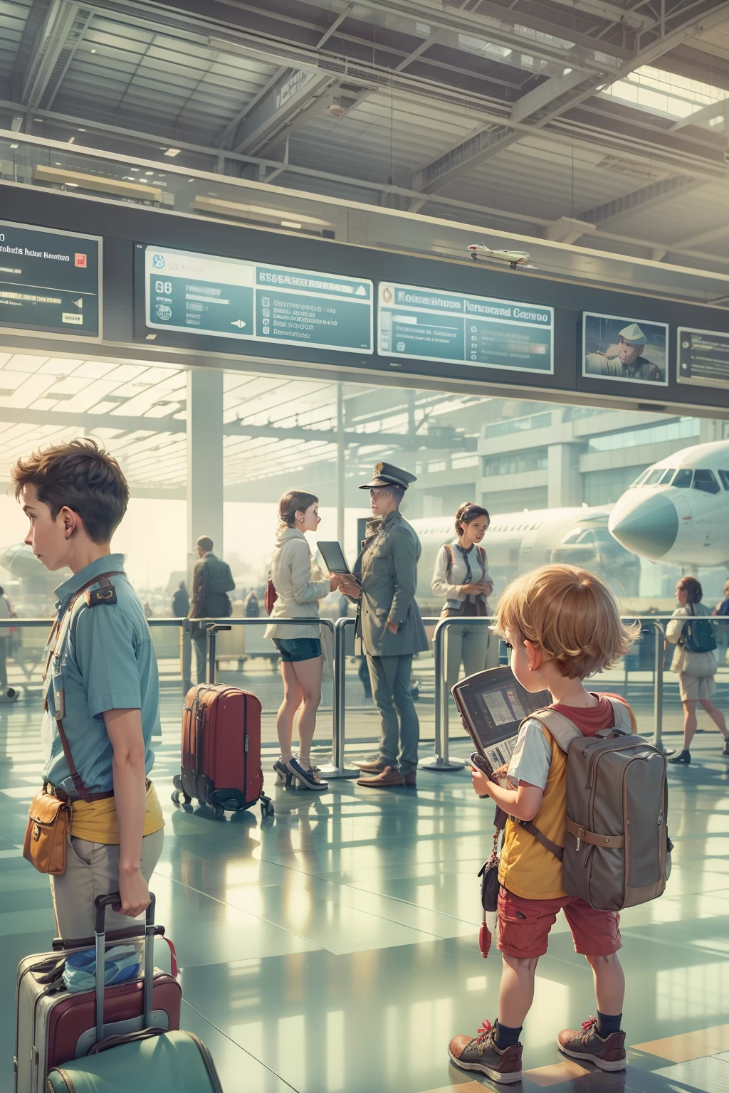 airport, panoramic view, inside view, boarding area, people around, a little kid talking with the pilote, boarding