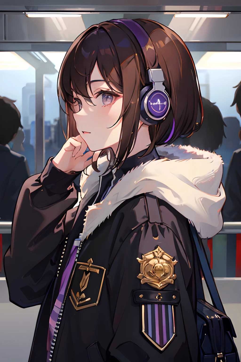 (masterpiece, sidelighting, ultra-detailed, finely detailed beautiful eyes: 1.2), 1boy, bag, building, from side, headphones, black headphones with purple highlights, jacket, black jacket with purple higlights and stripes, short hair, brown hair, brown eyes, 17 year old, profile, solo, train, train interior, upper body, Masterpiece, best quality
