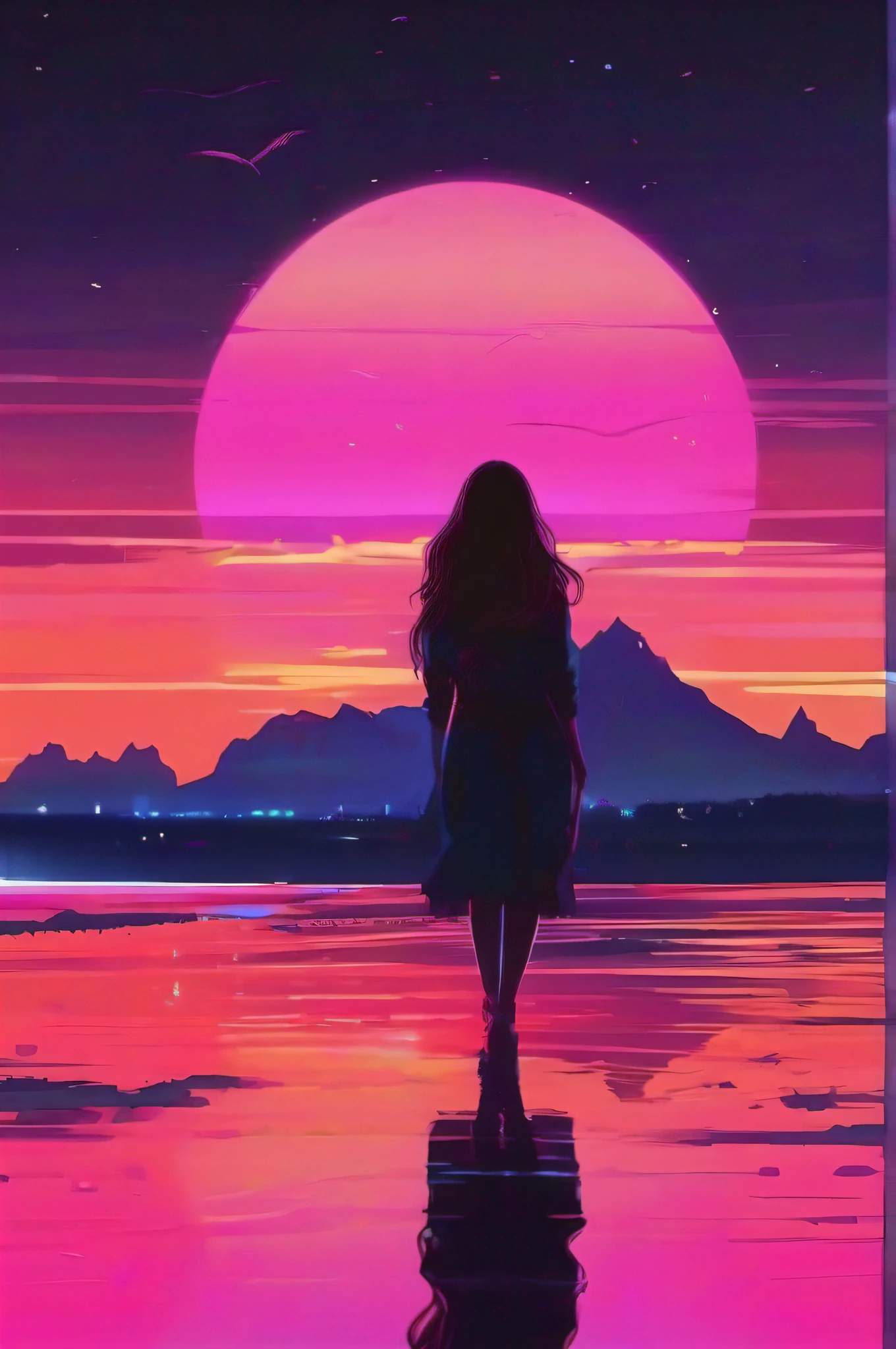 ((beste-Qualit)), ((tmasterpiece)), ((Realistic)), Neon sunset, A girl, Extremely detailed, Illustration by Alena_Aenami, —AR 2:3 —q 4 —s 750