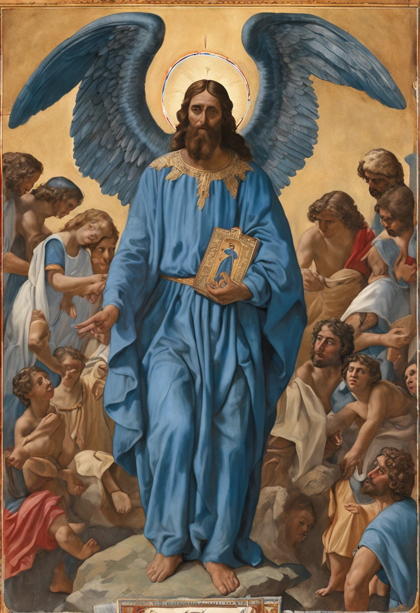 Mestre Irinepintura de um homem com uma roupa azul na frente de dois anjos, angels protecting a praying man, anjos biblicamente precisos, biblical accurate angel, ophanim has bird wings, anjo biblicamente acuado, anjos em vestidos de gaze branca, epic biblical representation, 2 anjos, anjo biblicamente preciso, Segunda vinda, Anjos, Hildebrandt, Angels in the sky Sierra and mink of ayahuasca on a mountain with sun