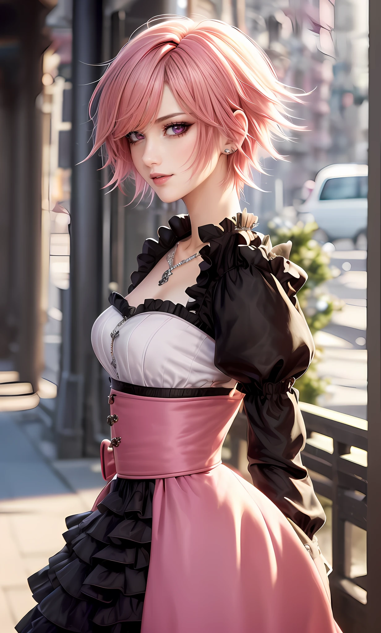 masterpiece, top-quality, ((1womanl)), Adults, different color, finely eye and detailed face, intricate detailes, Casual clothing((Sexy clothes)), window, A smile, Happiness, tenderness, high-level image quality、 selfee, Beautuful Women、tall、a small face, The upper part of the body、nightfall, nighttime scene、𝓡𝓸𝓶𝓪𝓷𝓽𝓲𝓬、Korea person, Idol Photos, Model photo, k pop, Professional Photos, Vampires, Korean fashion in black and white, Fedoman with necklace, inspired by Sim Sa-jeong, androgynous vampire, :9 detailed face: 8, extra detailed face, detailed punk hair, ((eyes are brown)) baggy eyes, Seductive. Highly detailed, semi realistic anime, Vampires, hyperrealistic , Delicate androgynous princess, imvu, ((short hair woman)), Pink hair woman with wild look, ((Woman with short pink hair)), ((1 persons))