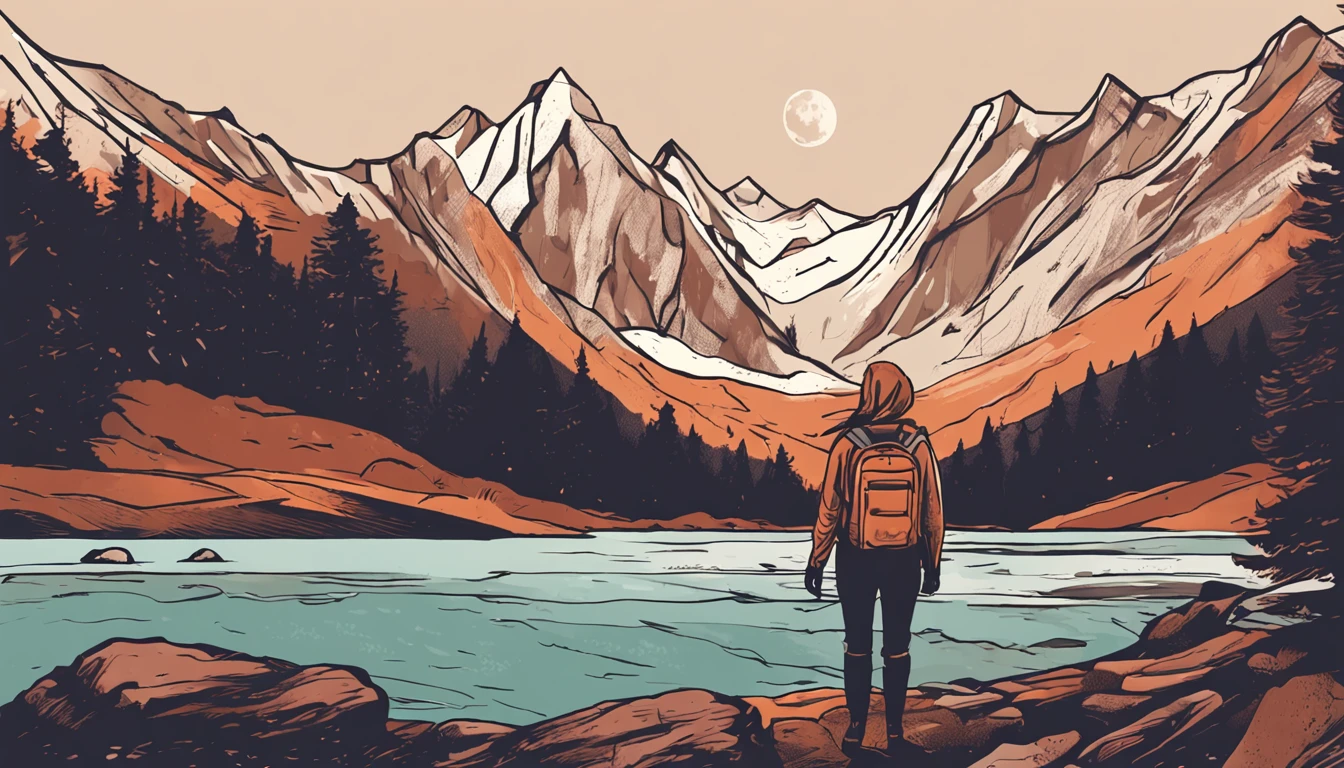 1 woman ((upper body selfie, happy)), masterpiece, best quality, ultra-detailed, solo, outdoors, (night), mountains, nature, (stars, moon) cheerful, happy, backpack, sleeping bag, camping stove, water bottle, mountain boots, gloves, sweater, hat, flashlight, forest, rocks, river, wood, smoke, shadows, contrast, clear sky, analog style (look at viewer:1.2) (skin texture) (film grain:1.3), (warm hue, warm tone:1.2), close up, cinematic light, sidelighting, ultra high res, best shadow, RAW, upper body, wearing pullover