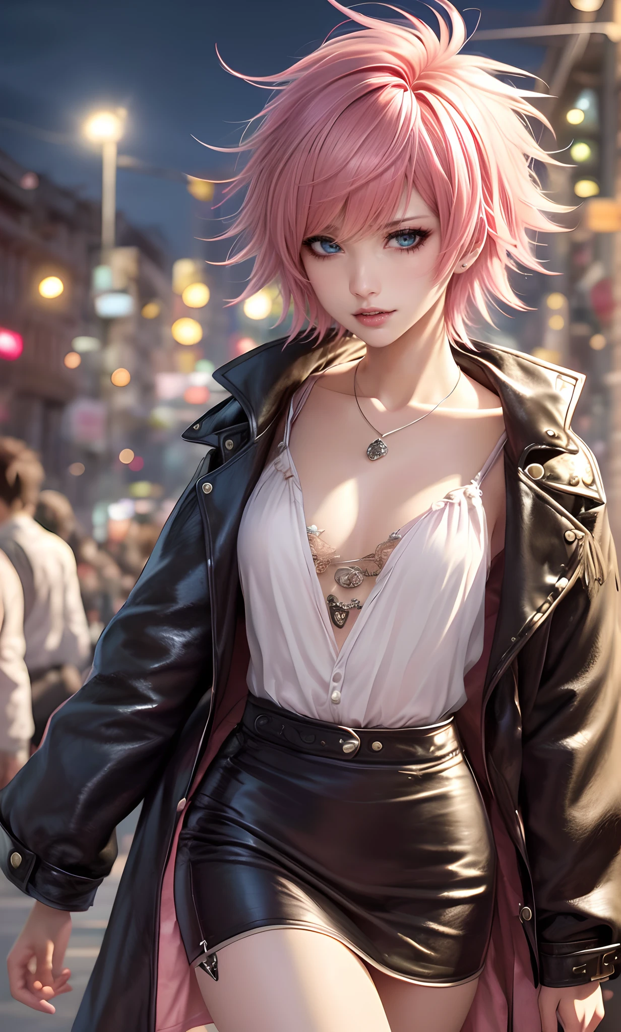 masterpiece, top-quality, ((1womanl)), Adults, different color, finely eye and detailed face, intricate detailes, Casual clothing((Sexy clothes)), window, A smile, Happiness, tenderness, high-level image quality、 selfee, Beautuful Women、tall、a small face, The upper part of the body、nightfall, nighttime scene、𝓡𝓸𝓶𝓪𝓷𝓽𝓲𝓬、Korea person, Idol Photos, Model photo, k pop, Professional Photos, Vampires, Korean fashion in black and white, Fedoman with necklace, inspired by Sim Sa-jeong, androgynous vampire, :9 detailed face: 8, extra detailed face, detailed punk hair, ((eyes are brown)) baggy eyes, Seductive. Highly detailed, semi realistic anime, Vampires, hyperrealistic , Delicate androgynous princess, imvu, ((short hair woman)), Pink hair woman with wild look, ((Woman with short pink hair)), ((1 persons))