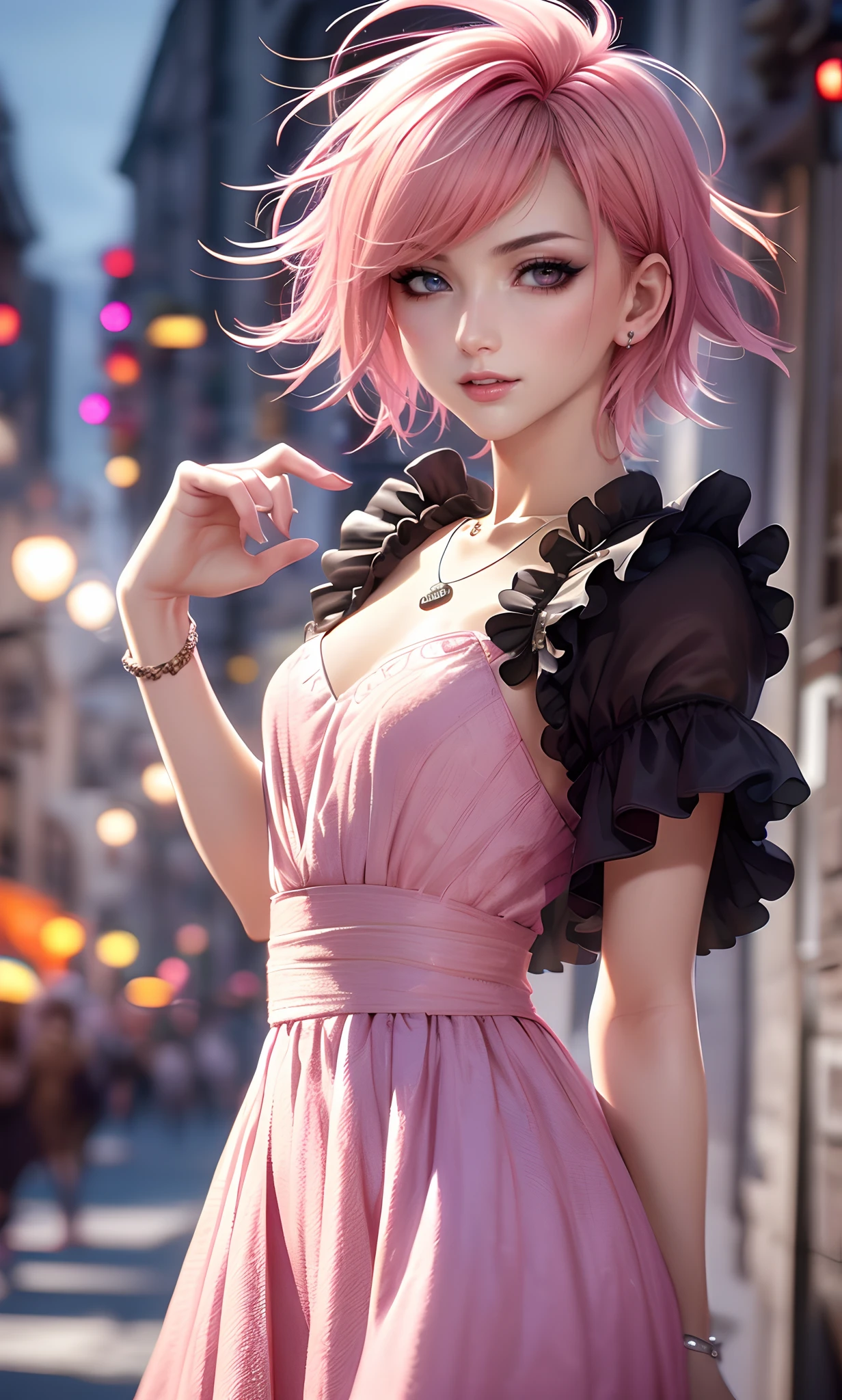 masterpiece, top-quality, ((1womanl)), Adults, different color, finely eye and detailed face, intricate detailes, Casual clothing, window, A smile, Happiness, tenderness, high-level image quality、 selfee, Beautuful Women、tall、Small face, The upper part of the body、nightfall, nighttime scene、𝓡𝓸𝓶𝓪𝓷𝓽𝓲𝓬、Korea person, Idol Photos, Model photo, k pop, Professional Photos, Vampires, Korean fashion in black and white, Fedoman with necklace, inspired by Sim Sa-jeong, androgynous vampire, :9 detailed face: 8, extra detailed face, detailed punk hair, ((eyes are brown)) baggy eyes, Seductive. Highly detailed, semi realistic anime, Vampires, hyperrealistic , Delicate androgynous princess, imvu, ((short hair woman)), Pink hair woman with wild look, ((Woman with short pink hair)), ((1 persons))