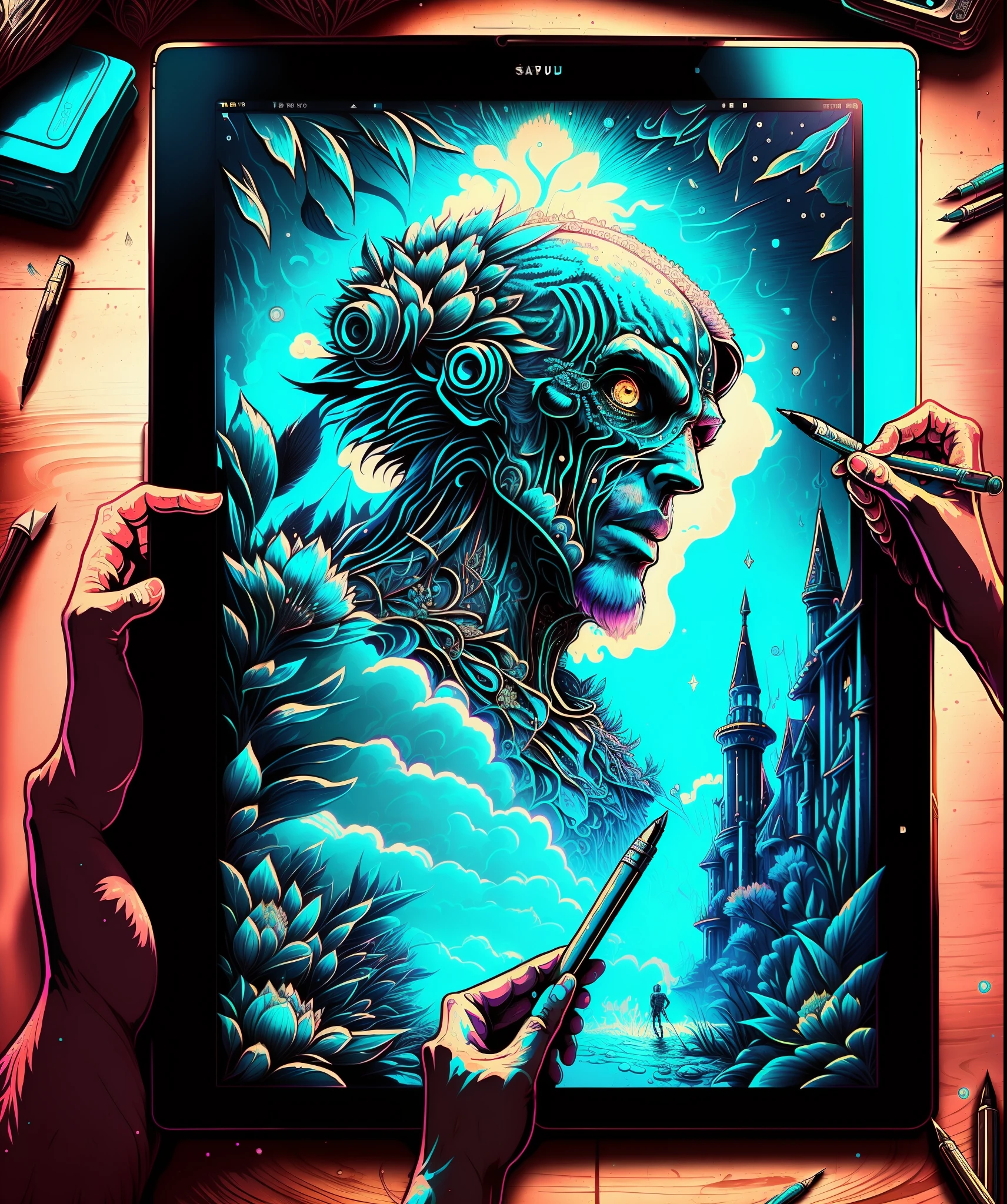 sapiens with a xp pen tablet in hand looking up dazzled, ceu azul turquesa ao fundo com detalhes em laranja florescente