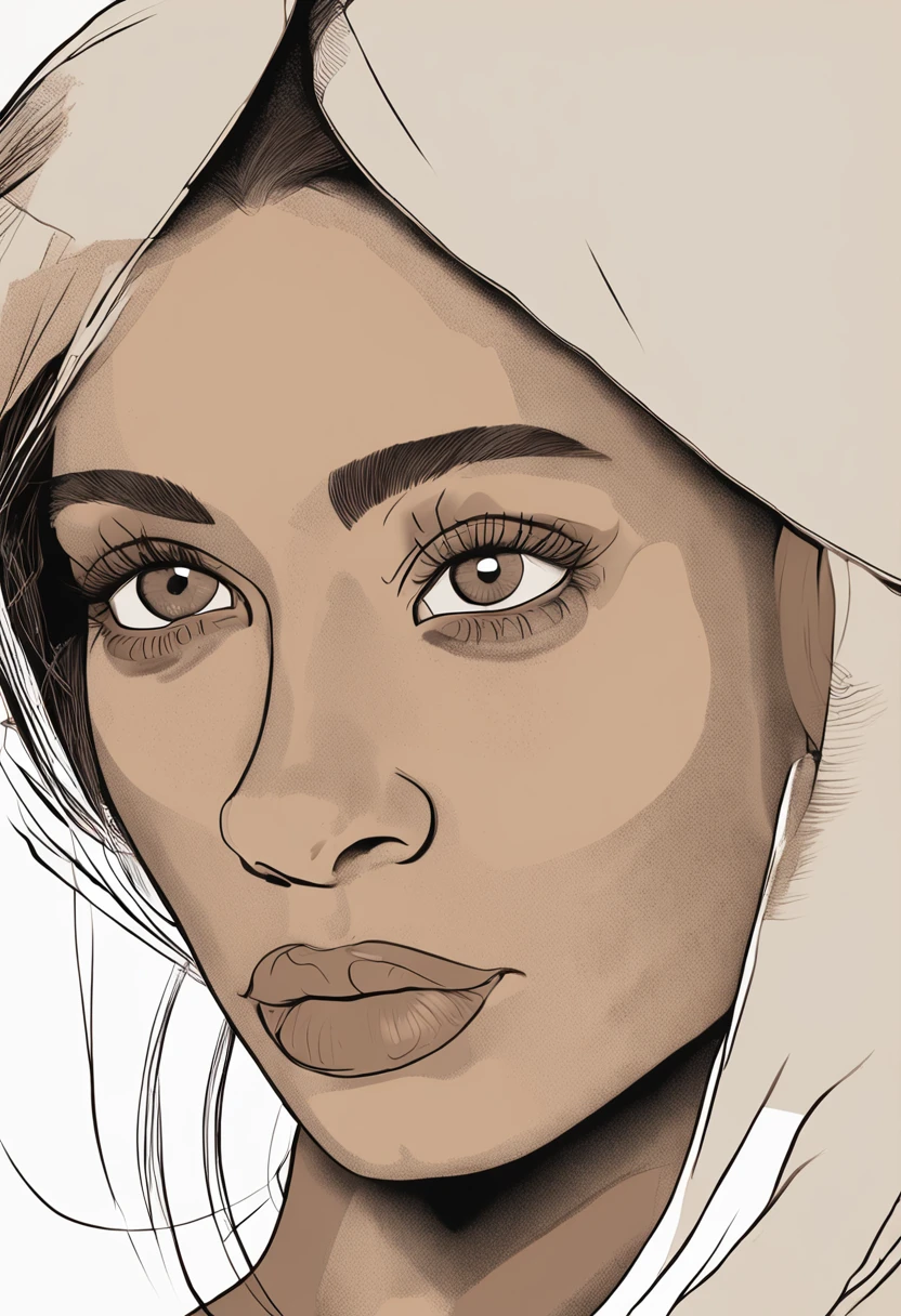 um close up do rosto de uma mulher com um coque de cabelo, retrato feminino do rosto, head and shoulders view, Rosto, ombros, arms in the abdomen and crossed legs, face icon stylized minimalist, face feminina, rosto humano da mulher, mulher sentada, rosto detalhado de uma mulher, potrait de um rosto feminino, retrato de arte conceitual simples de, simple illustration, minimal outlines