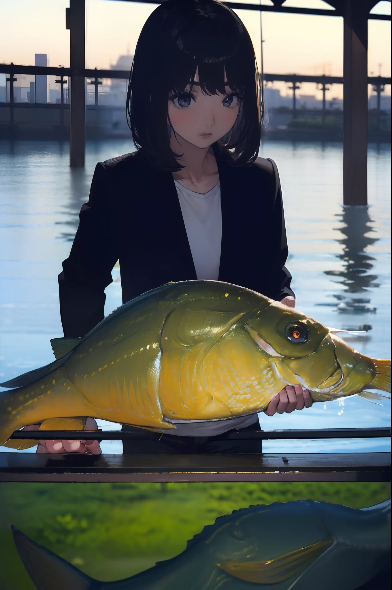 ((((Catching a big fish by the lakeside:1.5)))),((Female 28 years old)),((Best Quality:1.5)),(((Hands with the correct number and structure of fingers:1.4))),((Big fish:1.37)),hight resolution,ultra-detailliert,​masterpiece,best qualtiy,Eight-headed body,Black hair, long eyeslashes, Solid Circle Eyes, drop shadow, Atmospheric perspective,Super Detail, ccurate, small brest,(Black jacket and black jeans :1.1),top-quality, blurry backround, bokeh dof:1.2, (​masterpiece:1.3),  Atmospheric perspective,Super Detail,dynamic compositions,top-quality、​Very beautiful CG、finely detail、