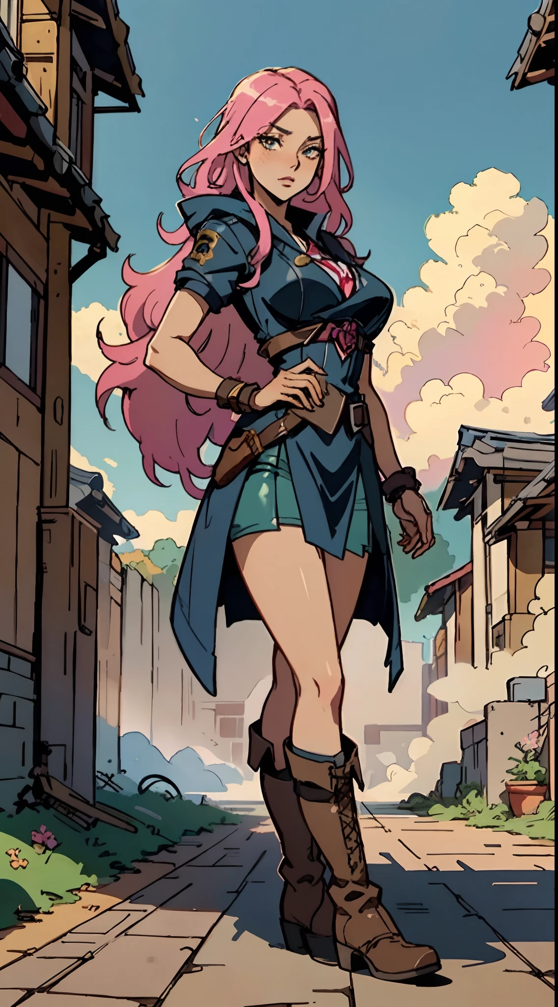 A beautiful woman, pink long hair, curly long hair, a slightly dazed expression, a slender face, she wears a knee-length tightly-fitted leather coat, extremely short sleeves, her hands are adorned with metal wrist guards, her feet don short leather boots, surrounding her is a dispersion of clouds and mist, the character design portrays a Western-style gunslinger character with a Japanese anime design, the artwork features finely detailed character design, showcasing a mature Japanese manga artistic style, ((character concept art)), full body character drawing, high definition, best quality, ultra-detailed, extremely delicate, anatomically correct, symmetrical face, extremely detailed eyes and face, high quality eyes, creativity, RAW photo, UHD, 8k, (Natural light, professional lighting:1.2, cinematic lighting:1.5, best shadow), (masterpiece:1.5)