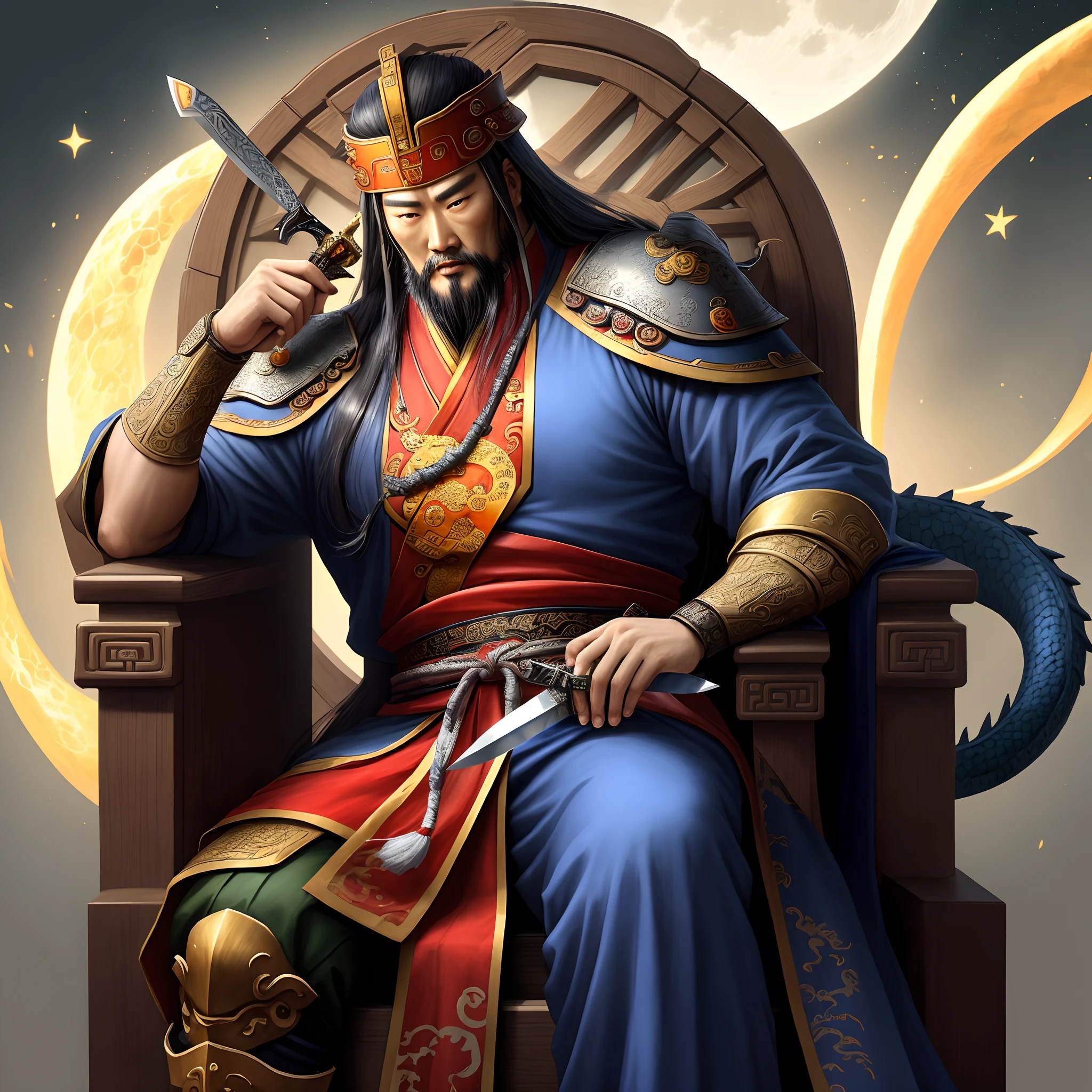 Guan Yu became emperor,High sat on the dragon chair,In his left hand, he held the Blue Dragon Moon Knife