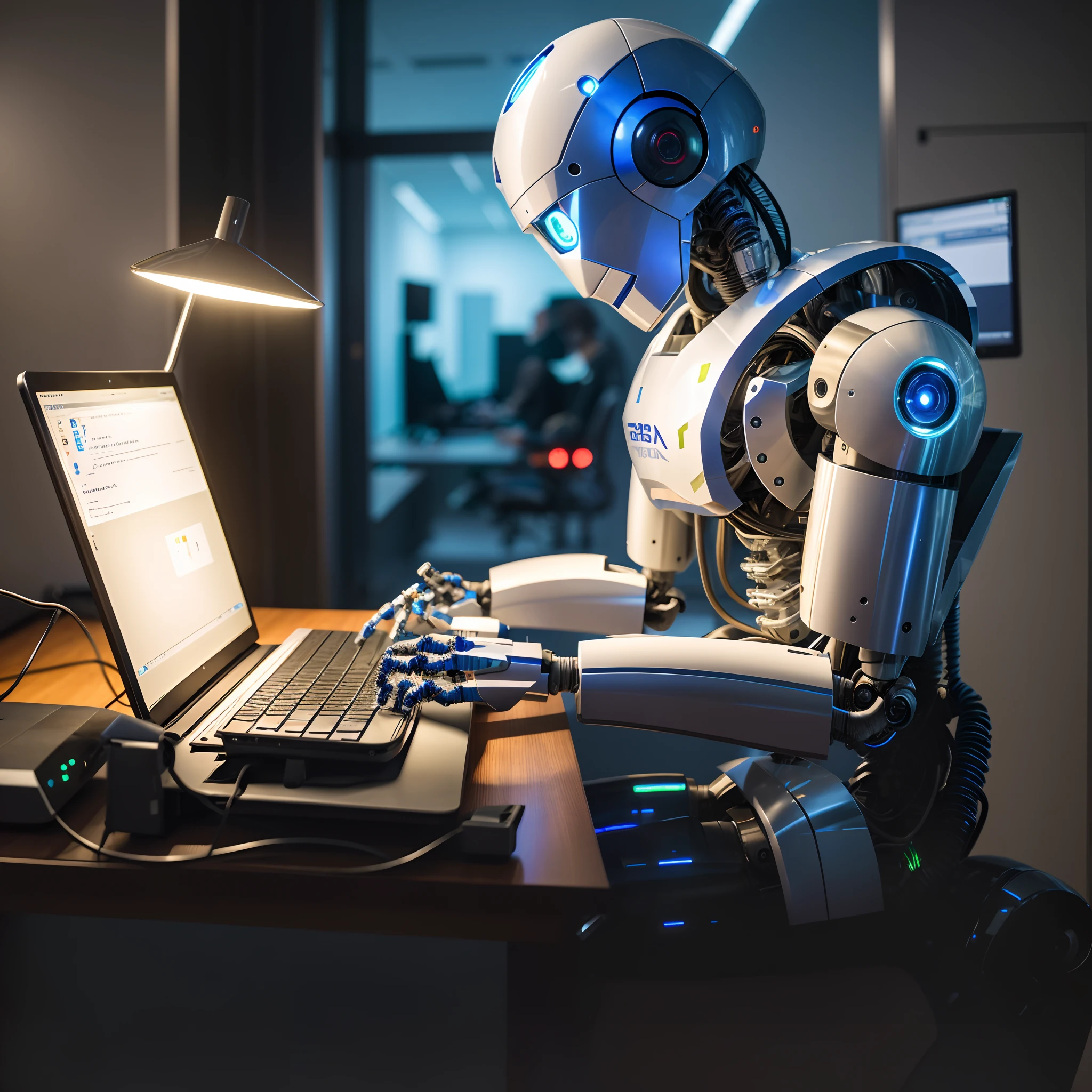 (Obra prima) (incrivelmente detalhado) 8k, High quality robot sitting at a desk typing on a laptop, close-up of a robot sitting down, strong artificial intelligence, Artificial intelligence, AI produzindo o realista, a still life of a robot, robot in a server room, ciborgues trabalhando, an alien working on a computer, Retrato de uma IA, robot in data center, Artificial intelligence!! 8k incrivelmente detalhado obra prima, alta qualidade, detalhado