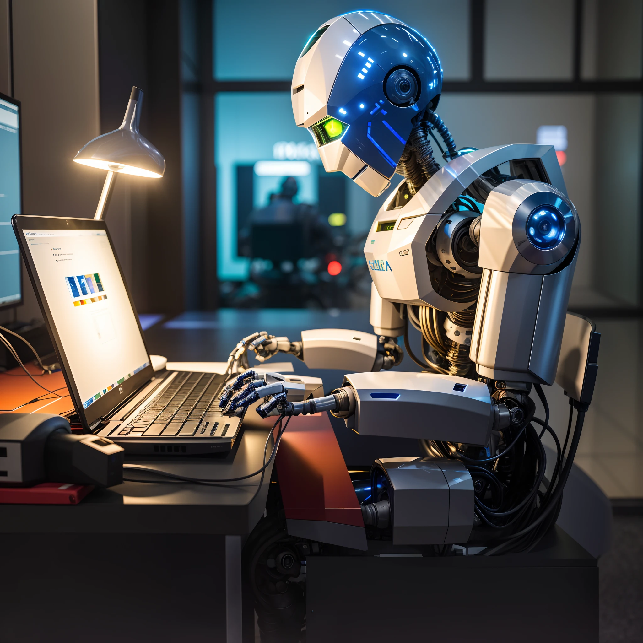(Obra prima) (incrivelmente detalhado) 8k, High quality robot sitting at a desk typing on a laptop, close-up of a robot sitting down, strong artificial intelligence, Artificial intelligence, AI produzindo o realista, a still life of a robot, robot in a server room, ciborgues trabalhando, an alien working on a computer, Retrato de uma IA, robot in data center, Artificial intelligence!! 8k incrivelmente detalhado obra prima, alta qualidade, detalhado