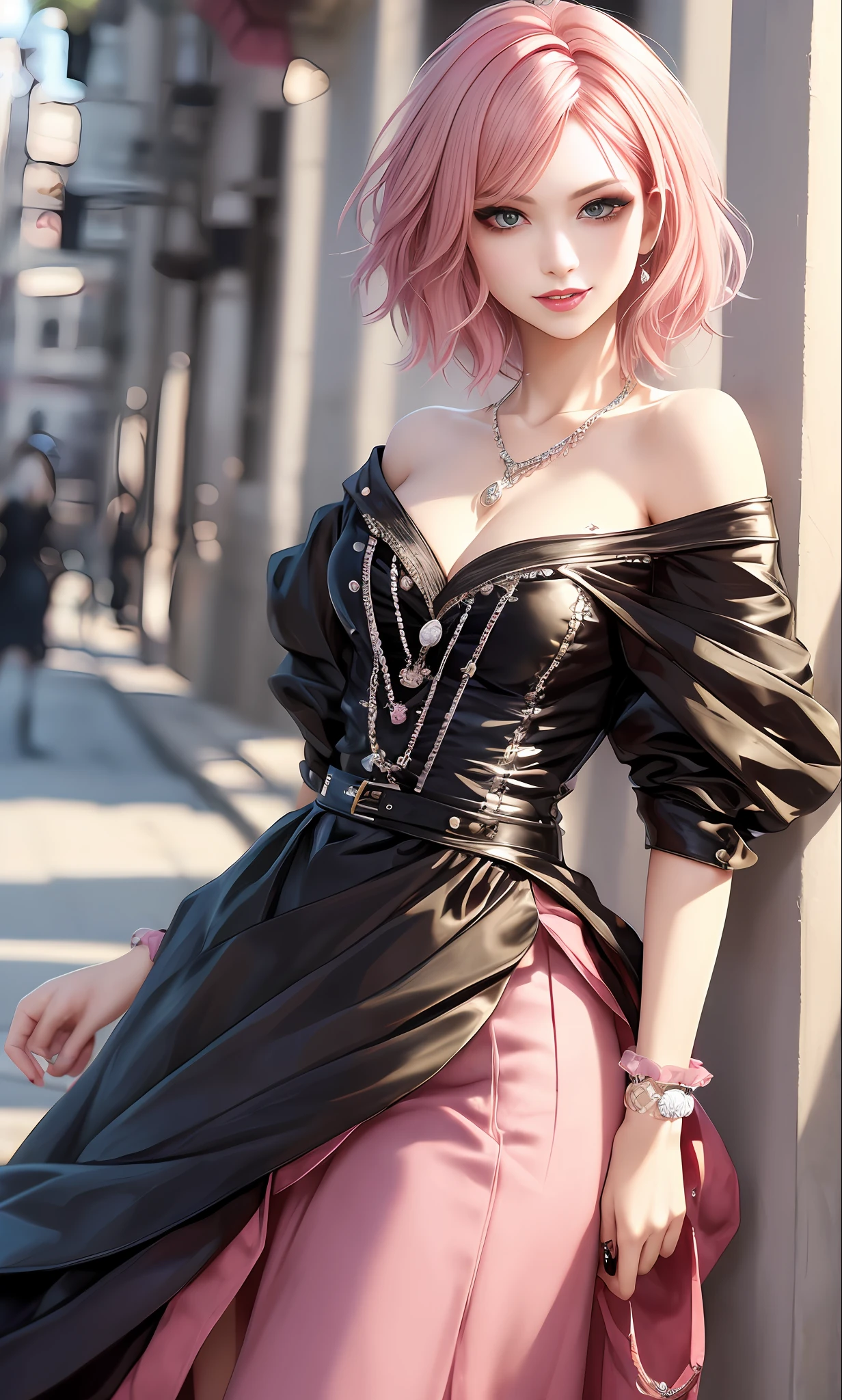 masterpiece, top-quality, ((1womanl)), Adults, different color, finely eye and detailed face, intricate detailes, Black and white casual attire((Sexy clothes)), window, A smile, Happiness, tenderness, high-level image quality、 selfee, Beautuful Women、tall、a small face, The upper part of the body、nightfall, nighttime scene、𝓡𝓸𝓶𝓪𝓷𝓽𝓲𝓬、Korea person, Idol Photos, Model photo, k pop, Professional Photos, Vampires, Korean fashion in black and white, Fedoman with necklace, inspired by Sim Sa-jeong, androgynous vampire, :9 detailed face: 8, extra detailed face, detailed punk hair, ((eyes are brown)) baggy eyes, Seductive. Highly detailed, semi realistic anime, Vampires, hyperrealistic , Delicate androgynous princess, imvu, ((short hair woman)), Pink hair woman with wild look, Sexy look, ((Woman with short pink hair)), ((1 persons))