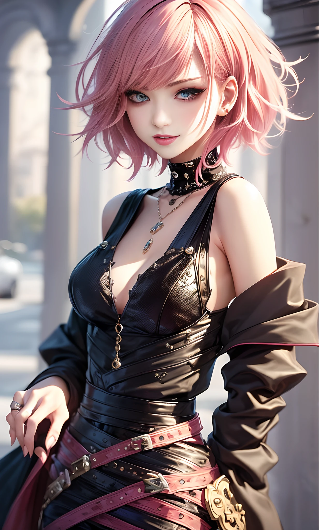masterpiece, top-quality, ((1womanl)), Adults, different color, finely eye and detailed face, intricate detailes, Black and white casual attire((Sexy clothes)), window, A smile, Happiness, tenderness, high-level image quality、 selfee, Beautuful Women、tall、a small face, The upper part of the body、nightfall, nighttime scene、𝓡𝓸𝓶𝓪𝓷𝓽𝓲𝓬、Korea person, Idol Photos, Model photo, k pop, Professional Photos, Vampires, Korean fashion in black and white, Fedoman with necklace, inspired by Sim Sa-jeong, androgynous vampire, :9 detailed face: 8, extra detailed face, detailed punk hair, ((eyes are brown)) baggy eyes, Seductive. Highly detailed, semi realistic anime, Vampires, hyperrealistic teen, Delicate androgynous princess, imvu, ((short hair woman)), Pink hair woman with wild look, Sexy look, ((Woman with short pink hair)), ((1 persons))