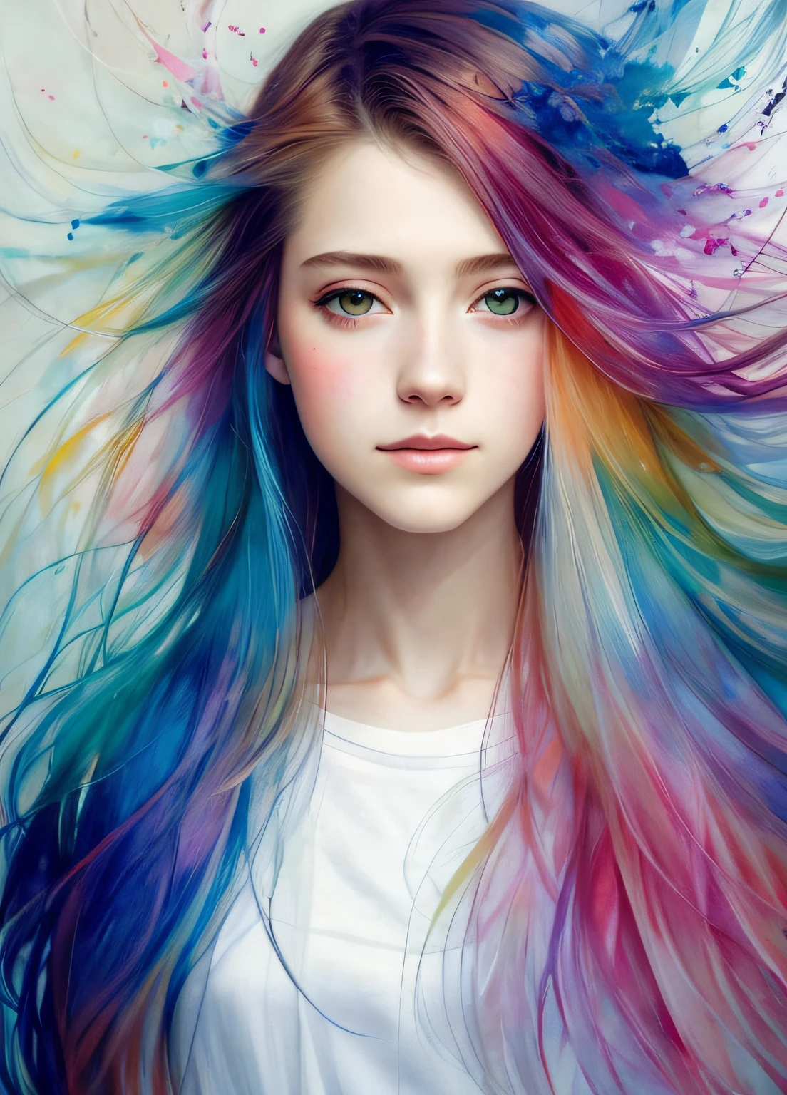 "an amazing painting by Agnes Cecile, com um belo design luminoso, cabelos longos cacheados deslumbrantes cores pastel, pingos de tinta em movimento e aconchegantes luzes de outono."