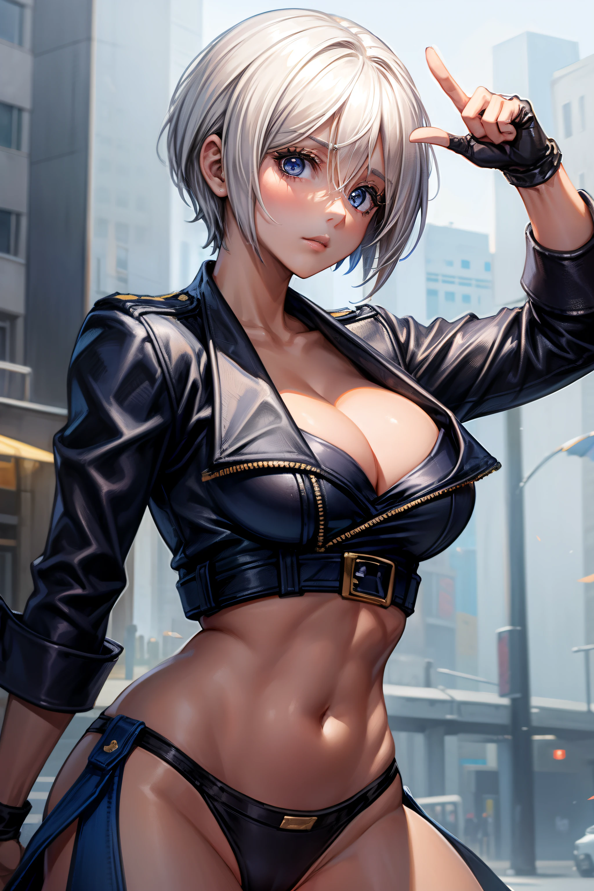 upper body, 1girl, (AngelMs:1.4), large breasts, panties, midriff, facing side, looking at viewer, (cleavage), cropped jacket