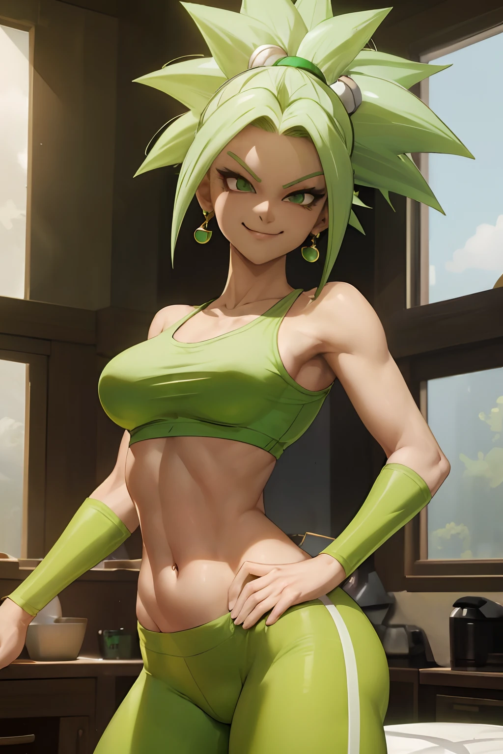 (best quality, masterpiece), green hair, green earrings, yoga pants, yoga bra, skin tight, toned, smug, smirk, kefla, thin waist, backlight,