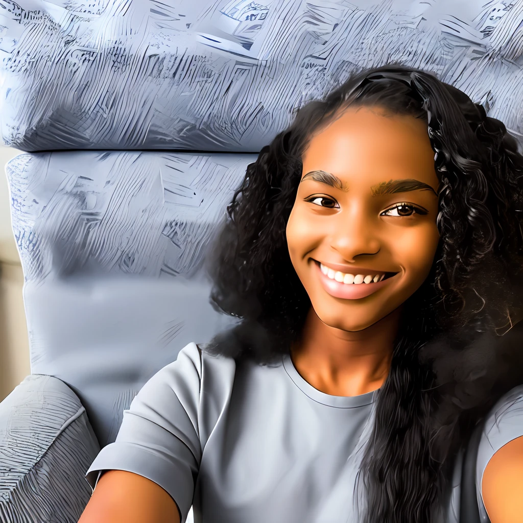 smiling woman with black hair and a gray shirt on a couch, around 1 9 years old, taken in the early 2020s, young black woman, selfie of a young woman, beautiful and smiling, light skinned african young girl, profile picture, she is about 1 6 years old, 2 3 years old, warm and gentle smile, 2 7 years old