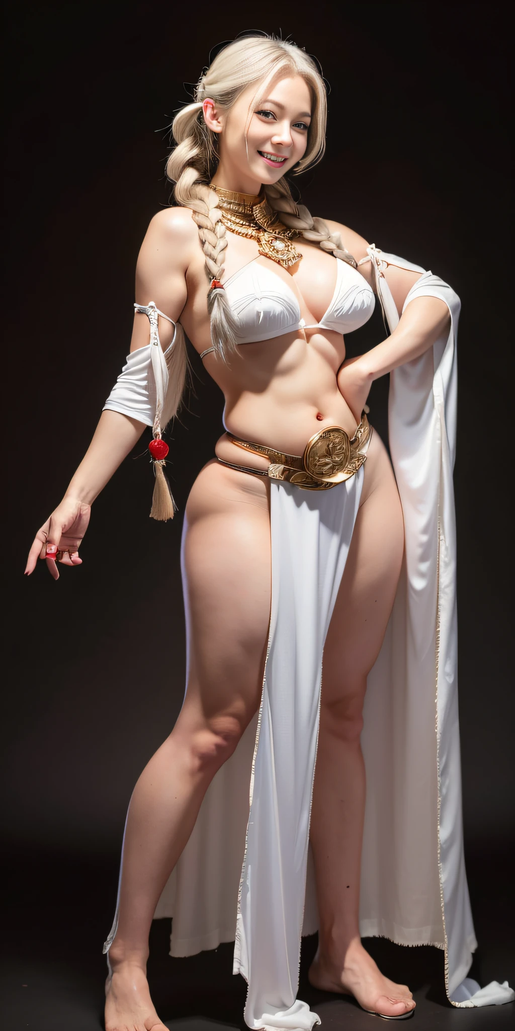 1girl full body standing, nice ass, Hairstyle with a braid, white colored hair, BLINDFOLDED, perfect lighting, muscular, thights, Mature woman, mummy, bellybutton, Abs, looks at the viewer (masterpiece, hiquality: 1.1) smile, Extremely huge breasts, Maternal, porcelain skin, extra very long hair, sparkly skin, good face, chest cover