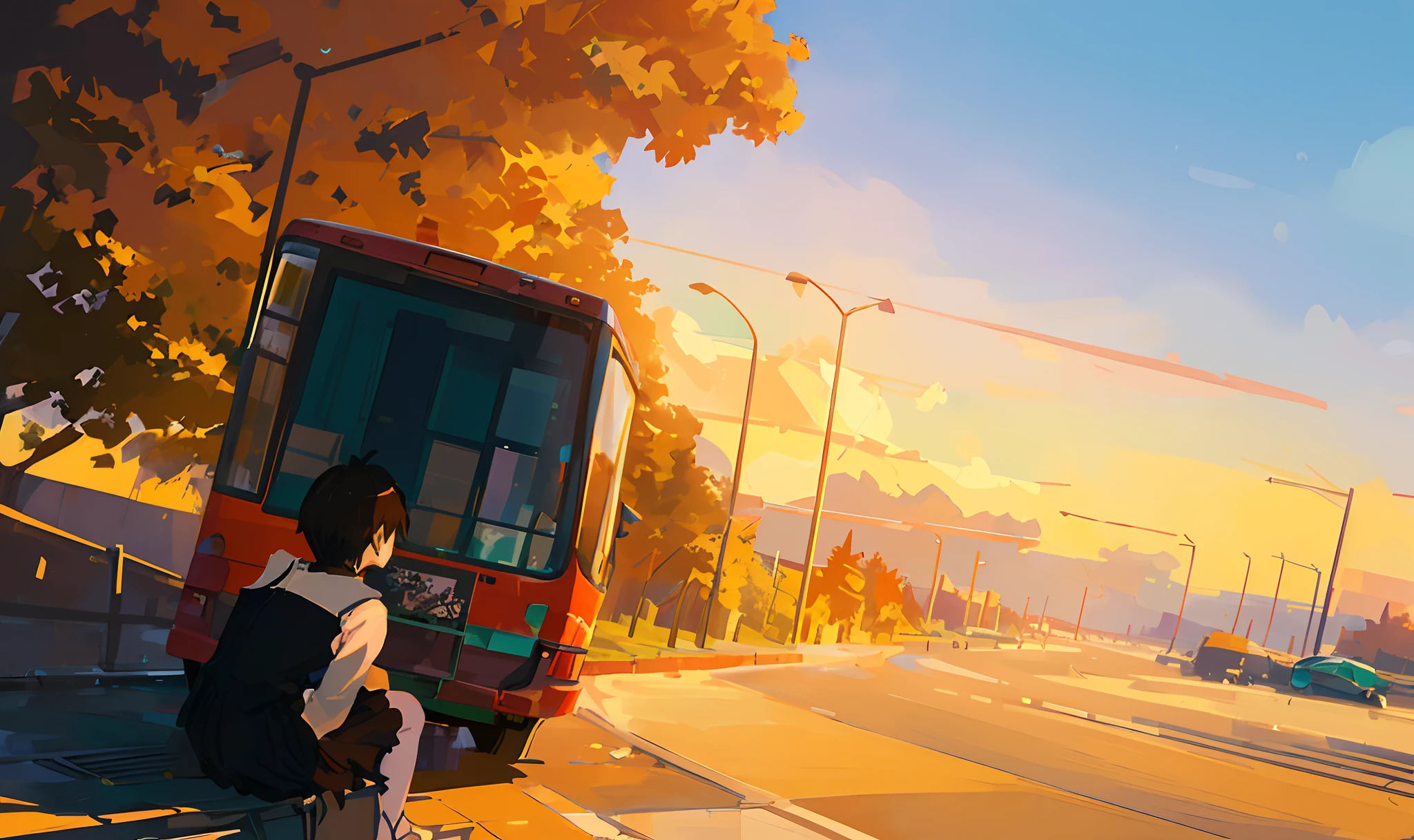 there is a woman  sitting in front of a bus, makoto shinkai cyril rolando, ( ( makoto shinkai ) ), style of makoto shinkai, makoto shinkai. —h 2160, in style of makoto shinkai, by Makoto Shinkai, by makoto shinkai, makoto shinkai!